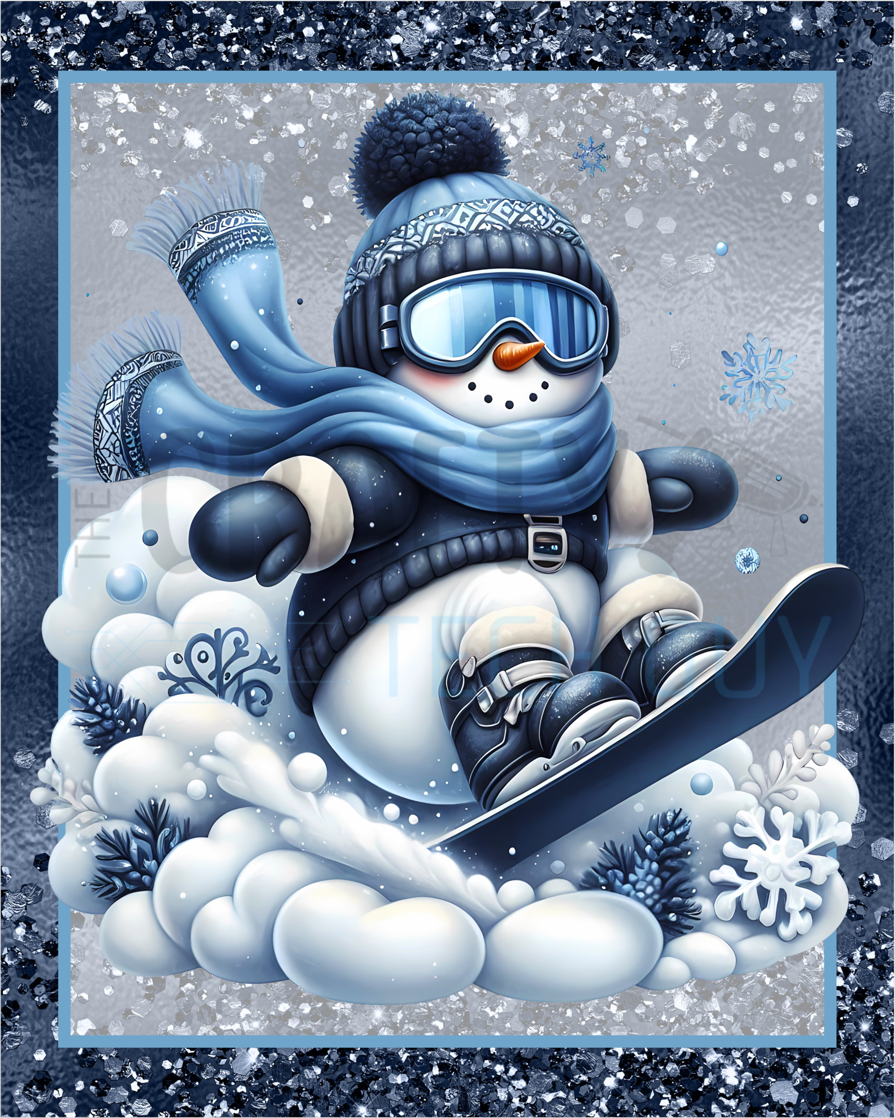 Letrero de invierno con muñeco de nieve haciendo snowboard, corona navideña azul con un toque de estilo, decoración de snowboard escarchada, idea de regalo divertida con temática deportiva navideña.