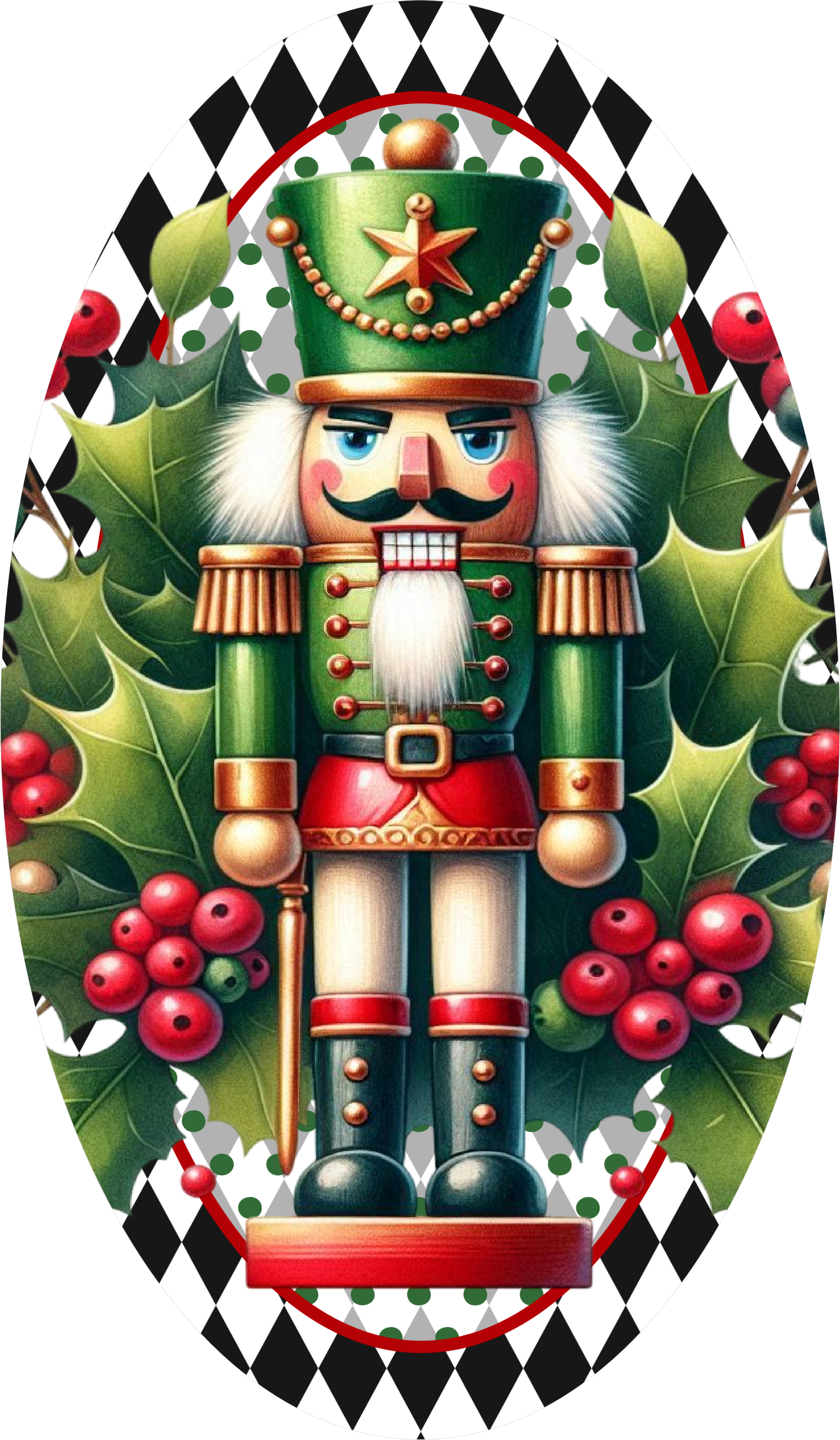 Letrero navideño de Cascanueces, decoración navideña tradicional con acebo y bayas, corona de arlequín en blanco y negro.