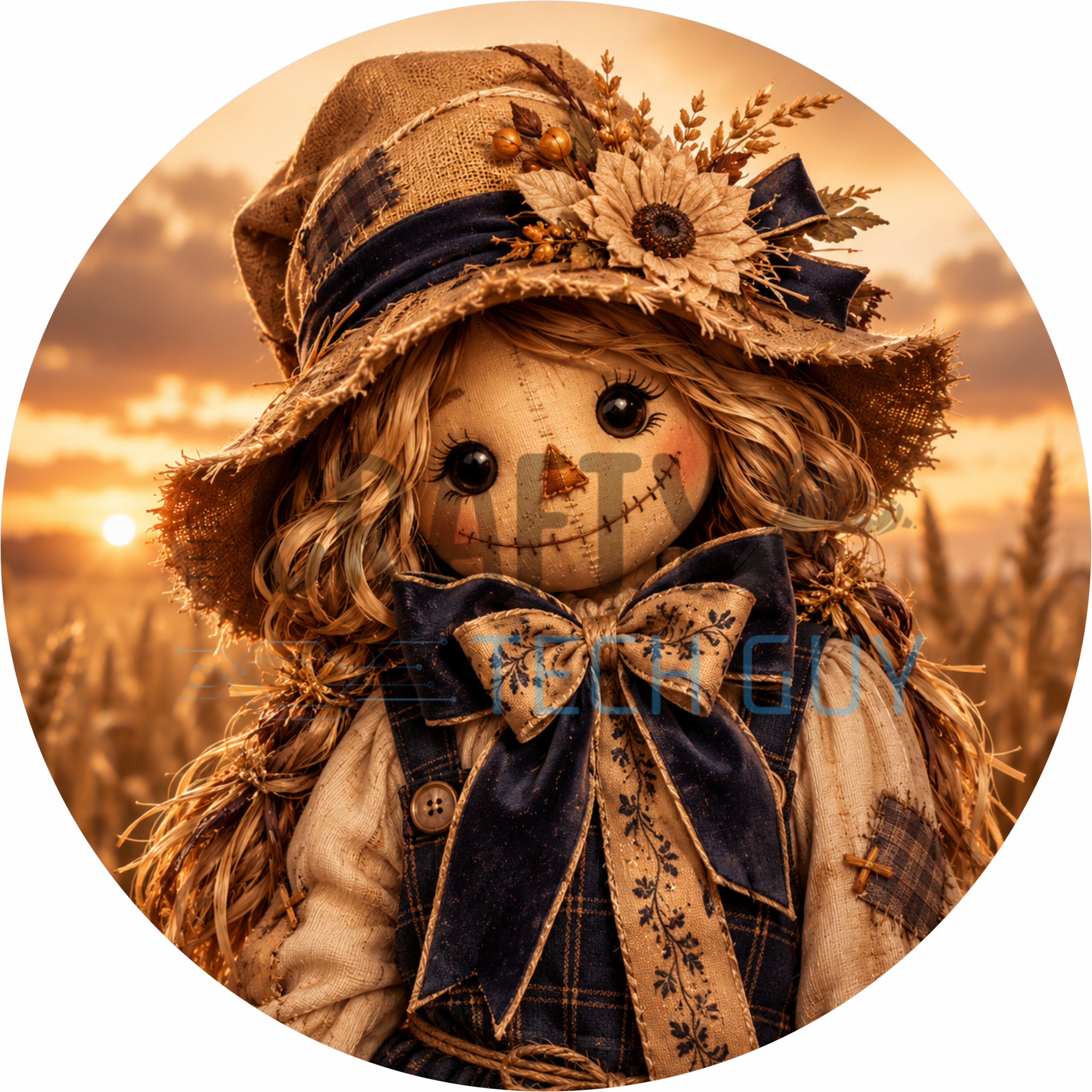 Rustic Autumn Scarecrow Girl Round Wreath Sign