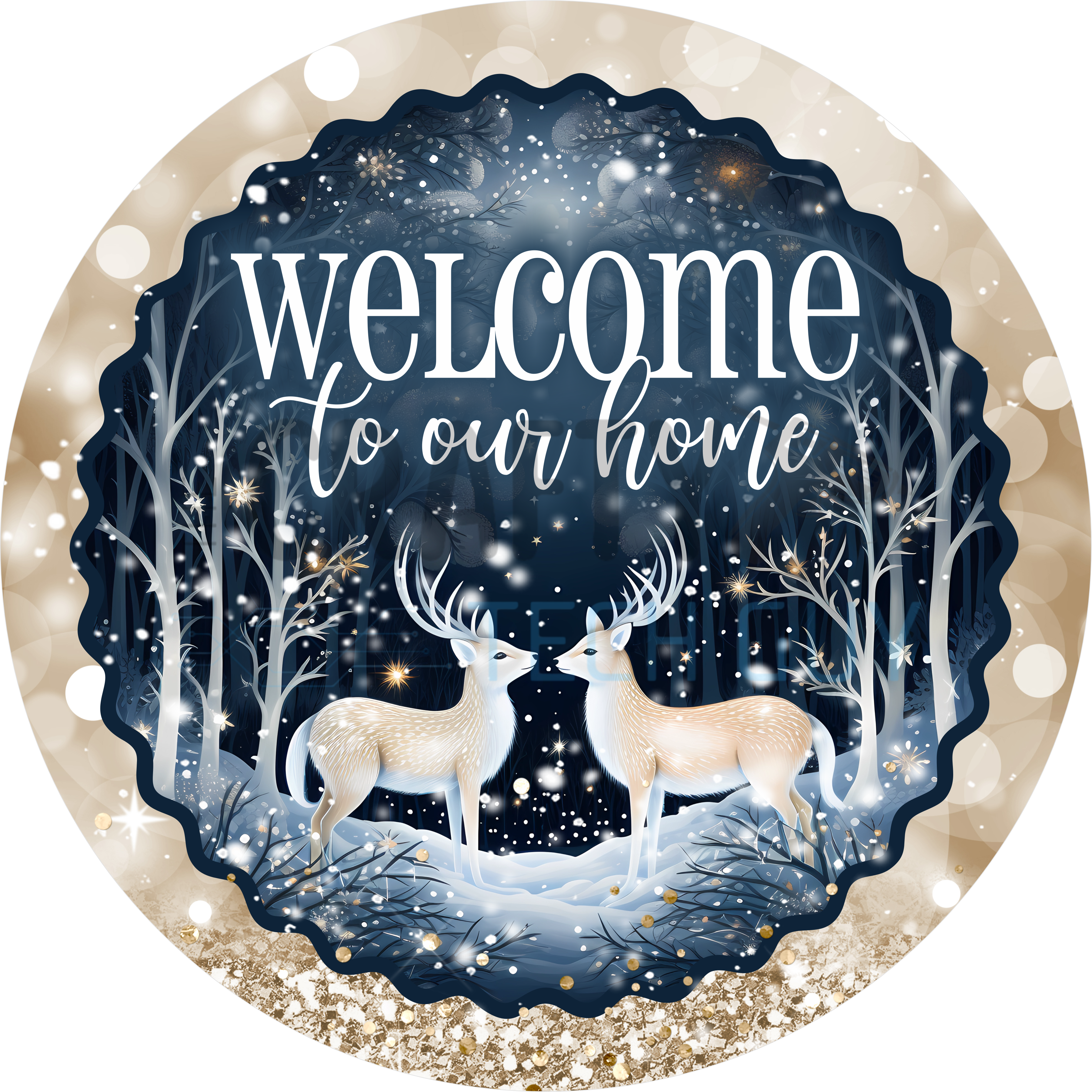 Welcome to Our Home Winter Deer Design with Snowy Forest Scene, Gold Accents, and Midnight Blue Background
