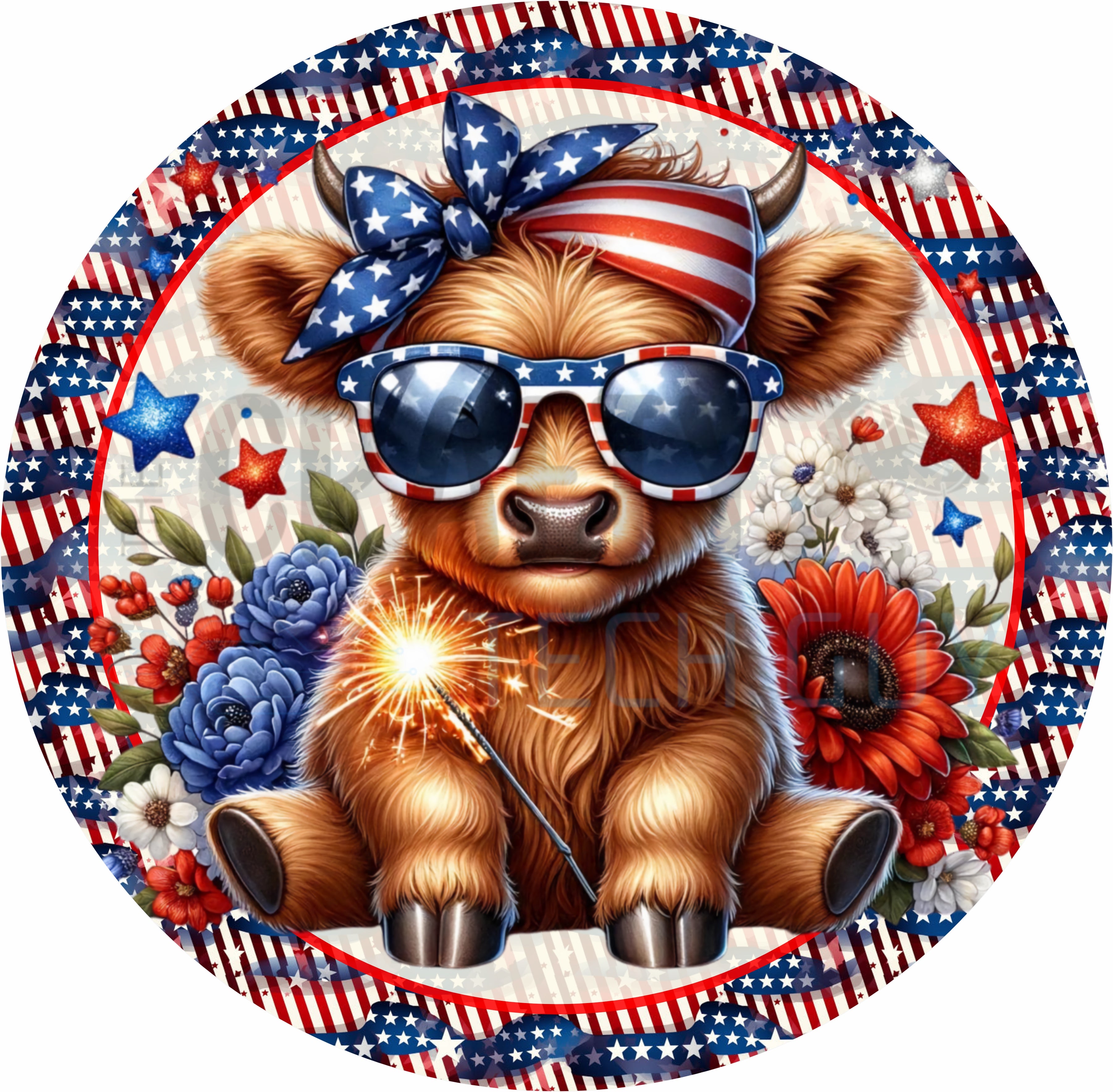 Patriotic Highland Cow with Sparkler 4th of July Round Sign