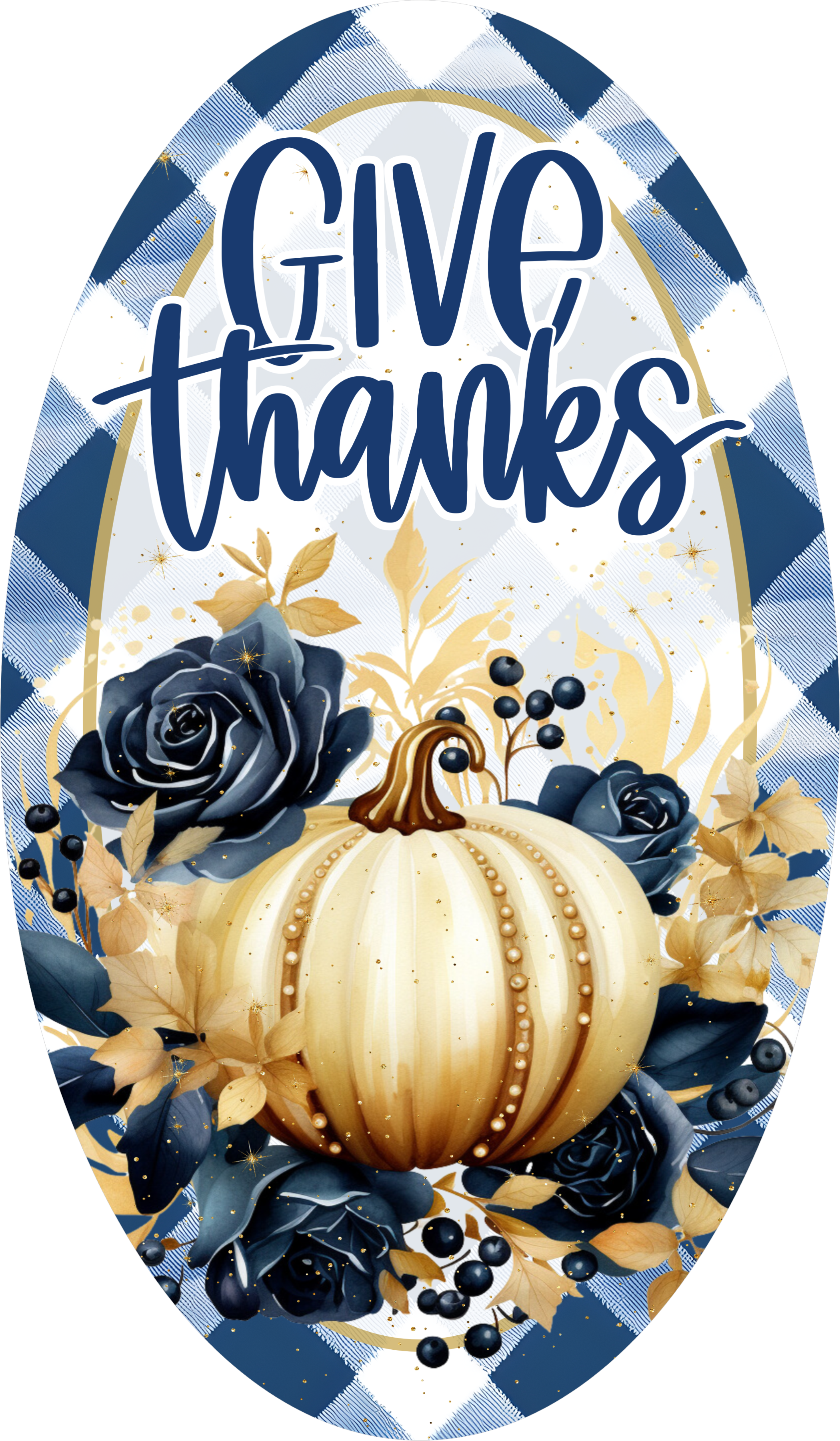 Letrero de agradecimiento azul marino y dorado, elegante decoración otoñal con rosas azules y calabaza blanca, moderna corona decorativa de Acción de Gracias.