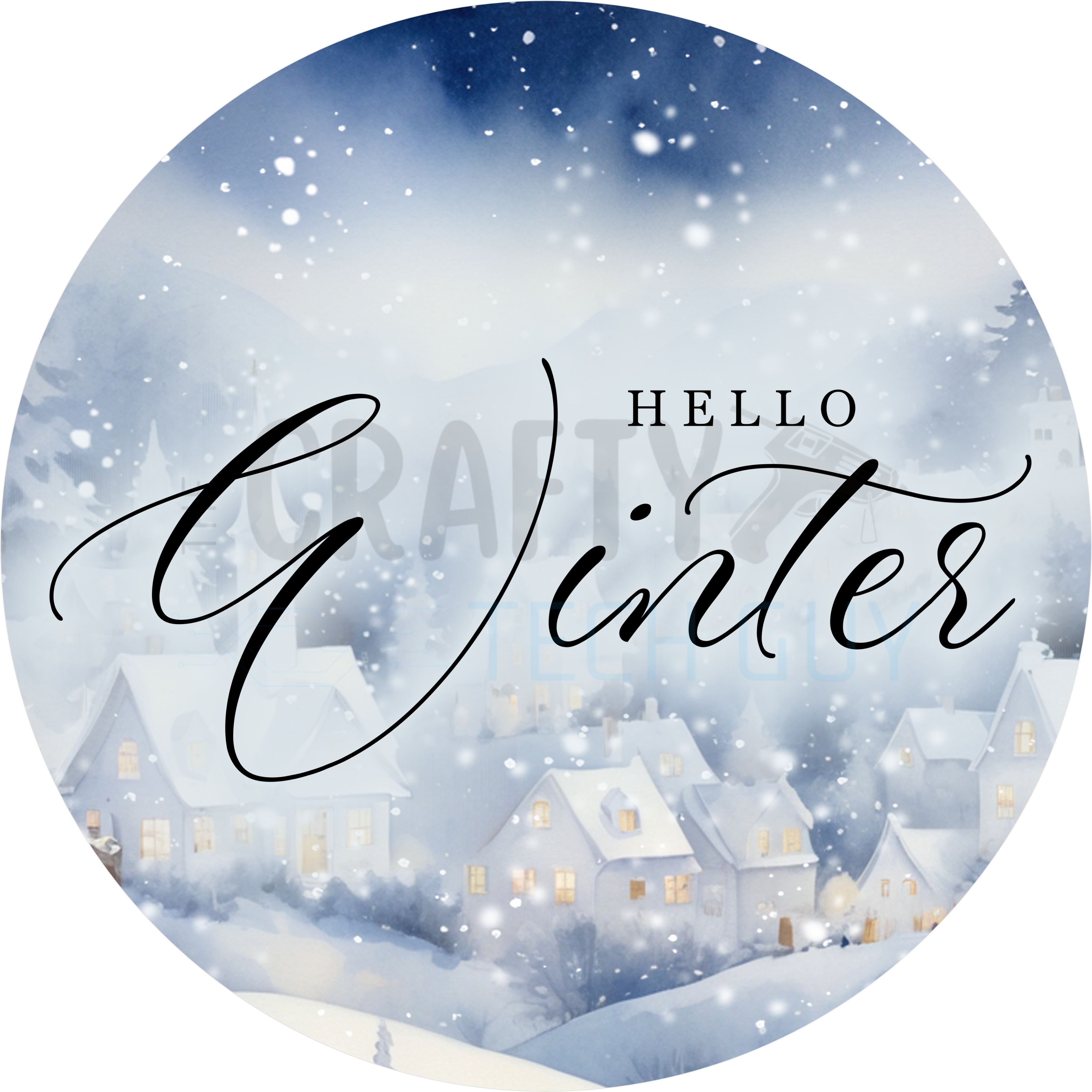 Hello Winter Round Sign – Snowy Village Blue Winter Decor