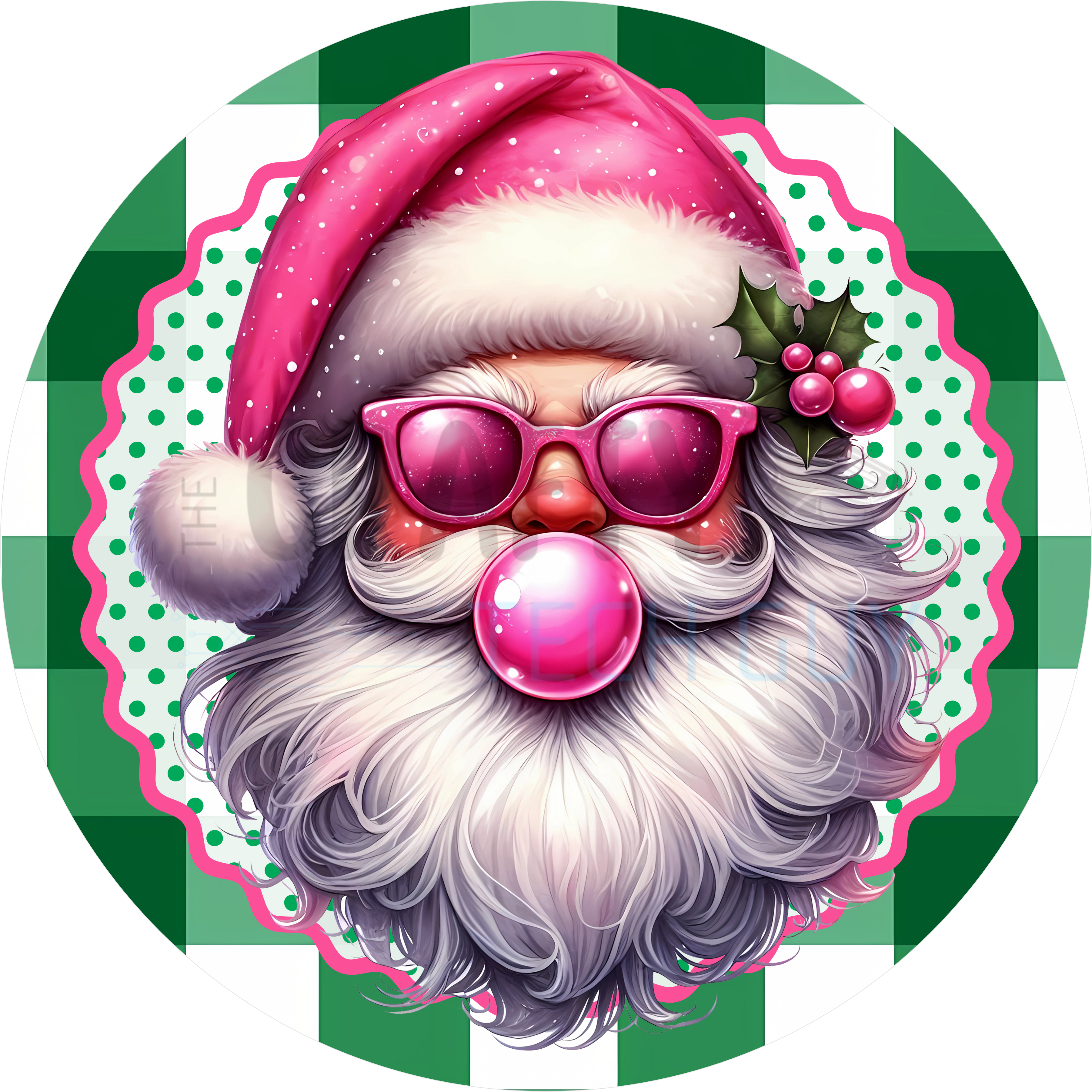 Trendy Pink Santa Bubblegum Christmas Sign, Fun Santa Wreath Accent with Sunglasses and Holly, Hipster Holiday Decor for Trendy Christmas Wreaths