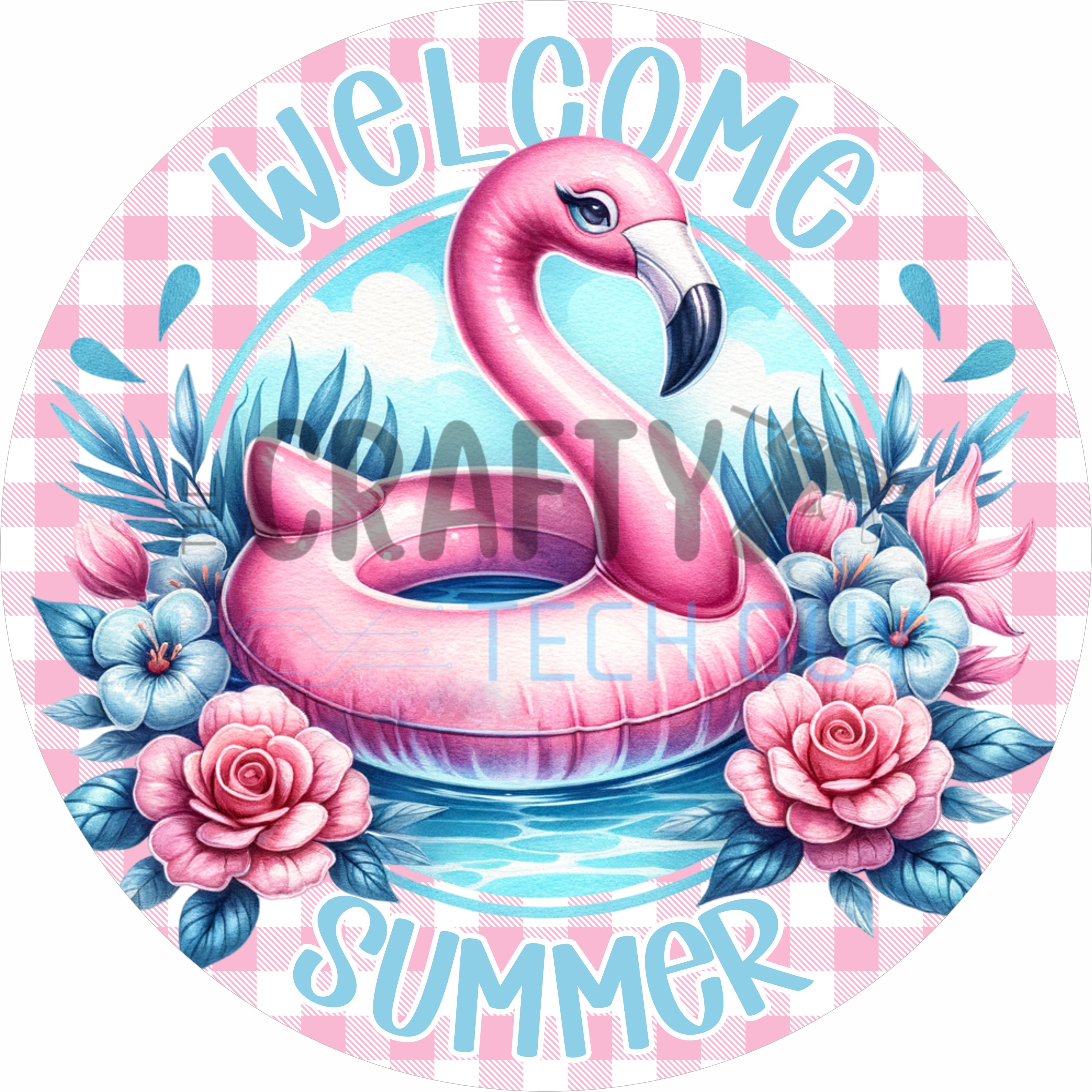 Welcome Summer Flamingo Round Wreath Sign