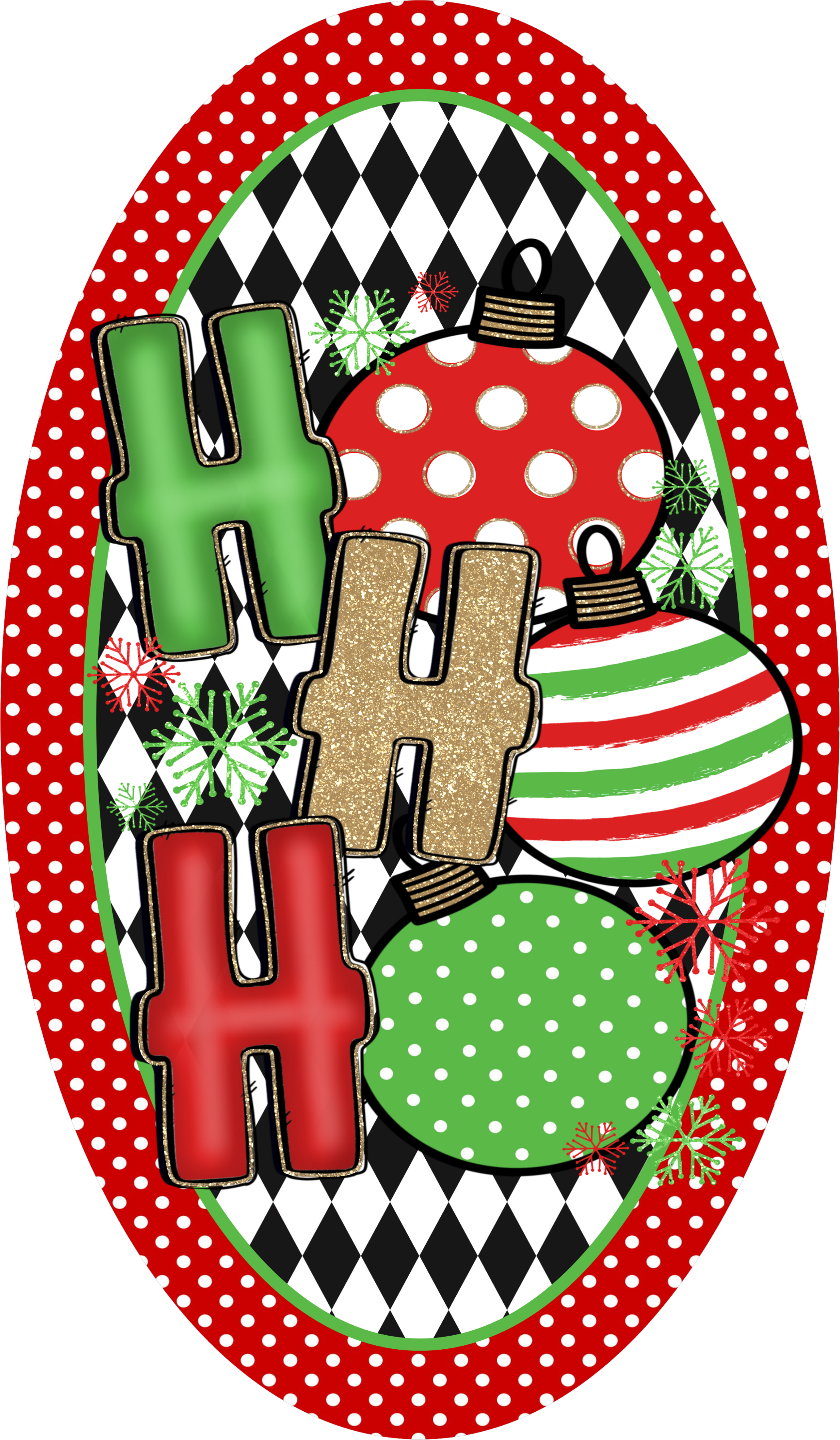 Letrero navideño "Ho Ho Ho", adornos rojos, verdes y dorados, guirnalda navideña con lunares y diamantes.