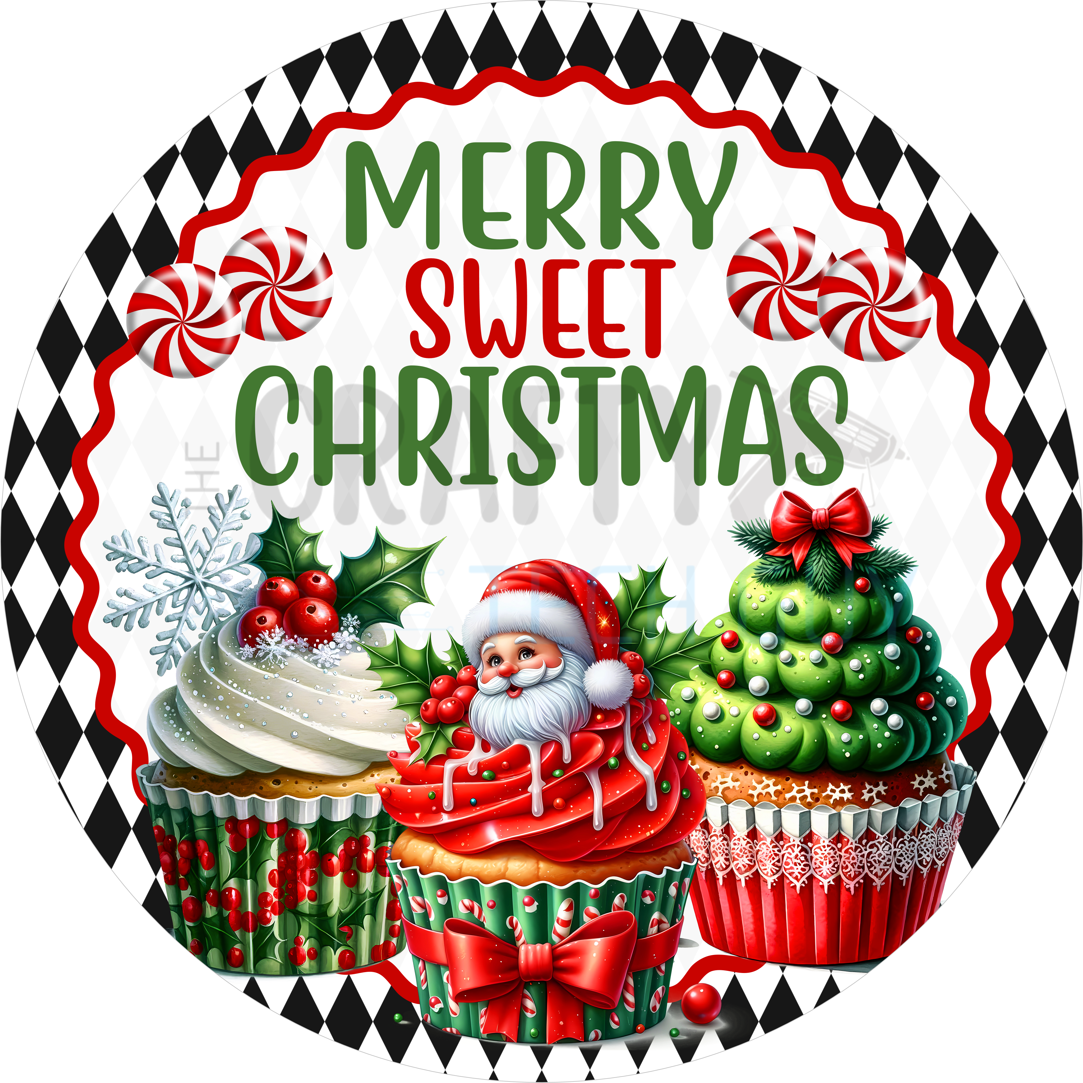 Merry Sweet Christmas Cupcake Sign, Holiday Wreath Accent with Santa and Festive Desserts, Peppermint Candy Christmas Decor for Bakers and Crafters