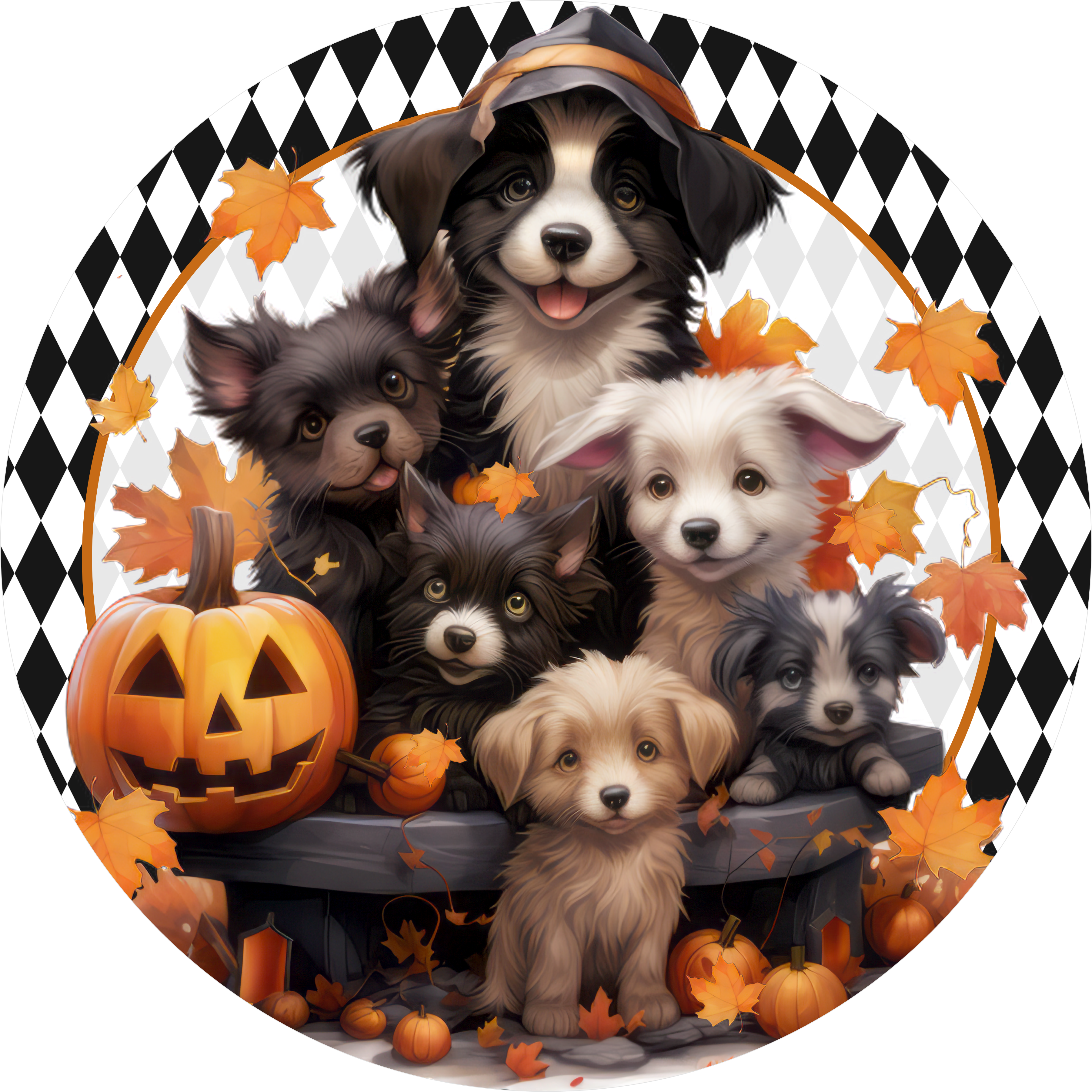 Halloween Puppy Wreath Sign, Fall Dogs and Jack-O’-Lantern Decor