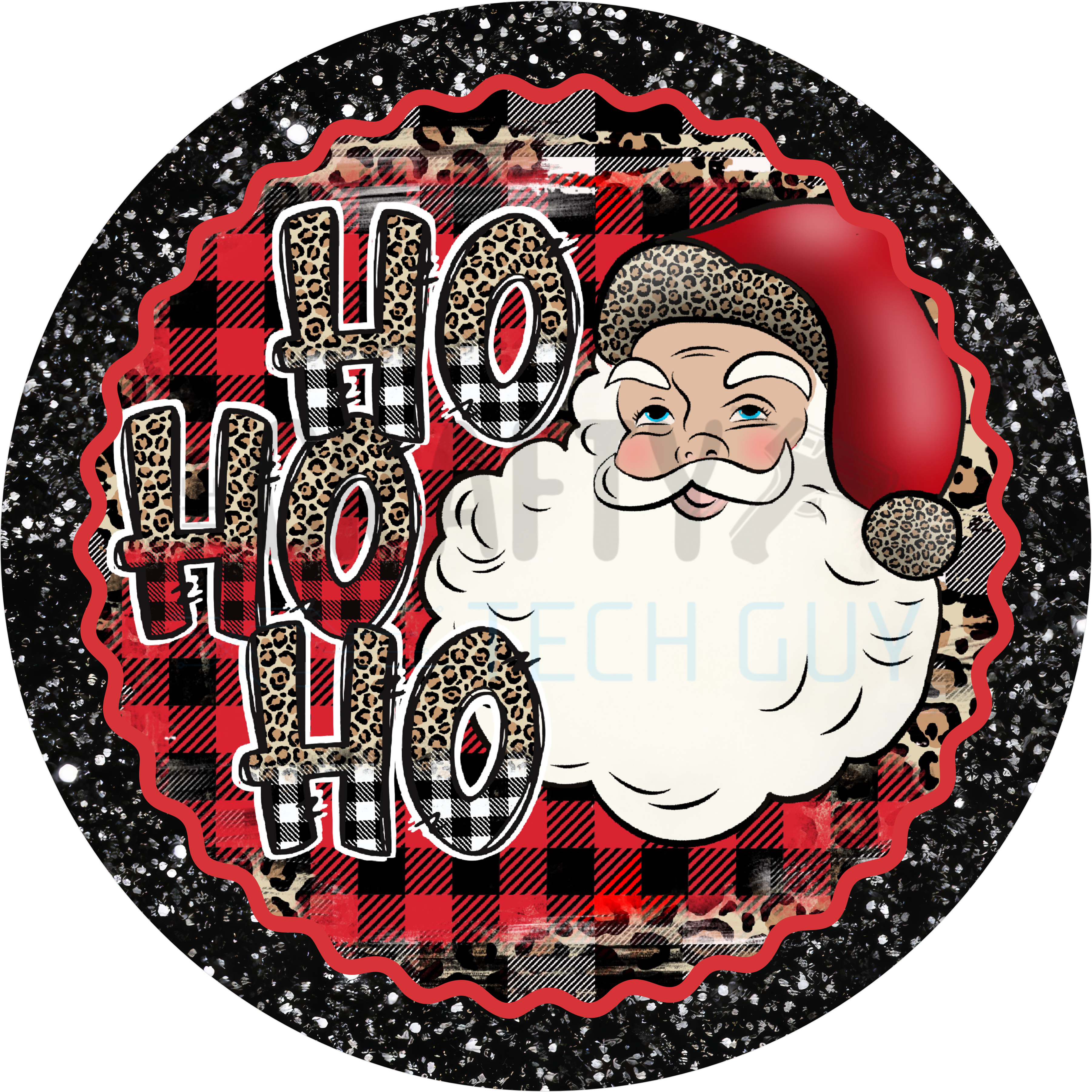 Ho Ho Ho Leopard Print Santa Sign, Glam Christmas Wreath Accent with Red Buffalo Plaid and Glitter, Bold Holiday Decor for Trendy Seasonal Designs