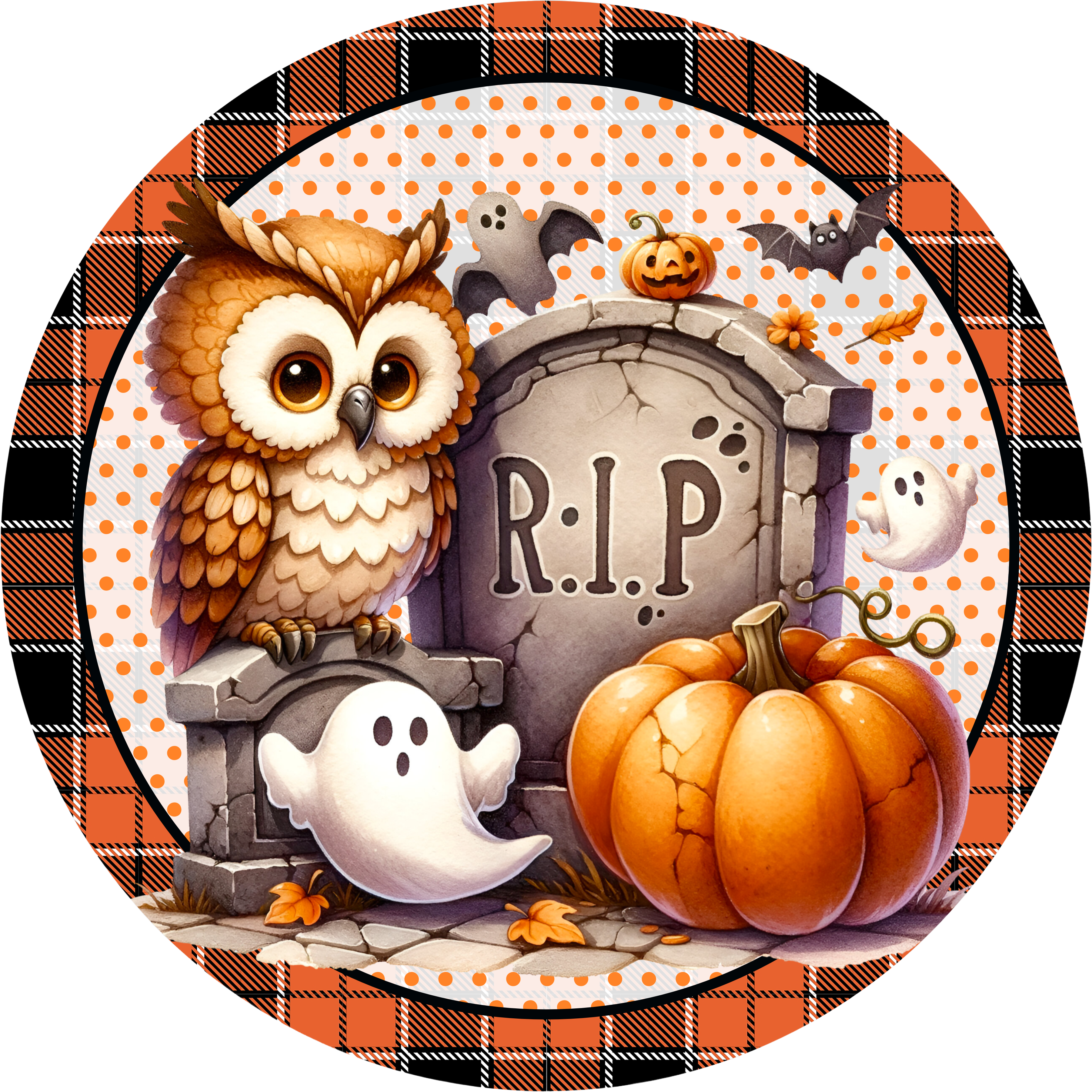 Cute Halloween Graveyard Sign, Owl Ghost Pumpkin Wall Art, Orange Plaid Spooky Fall Decor
