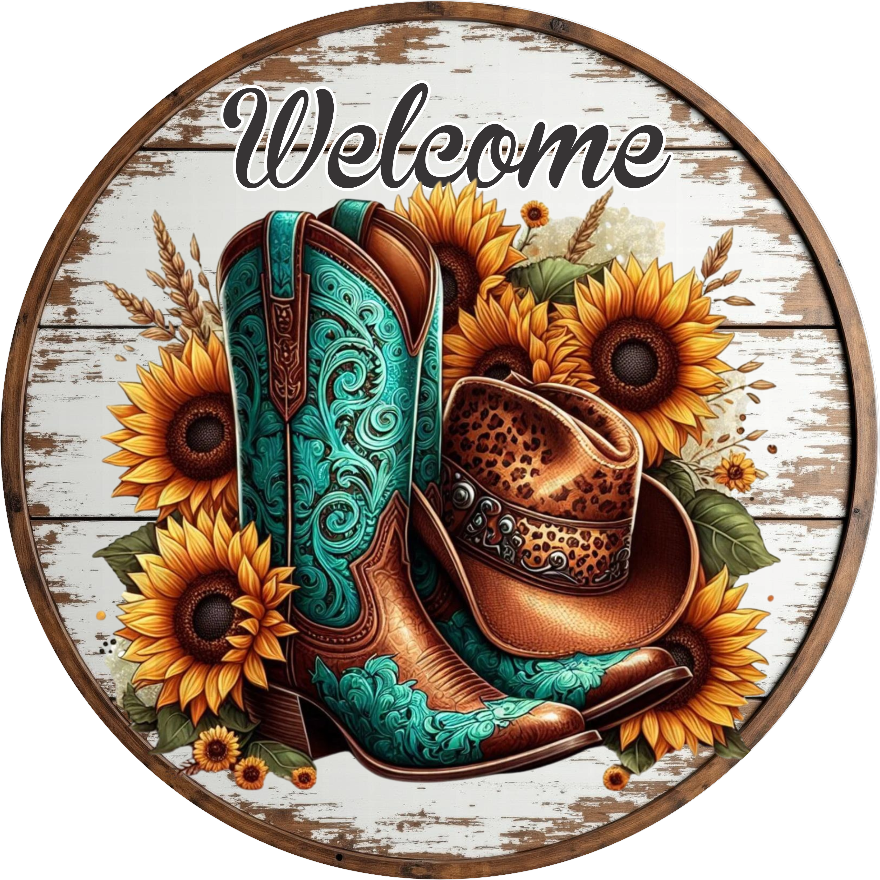 Letrero de bienvenida con botas y sombrero de vaquera, arte mural con girasoles del oeste, decoración rústica de granja, letrero metálico con botas turquesas, placa de bienvenida sureña