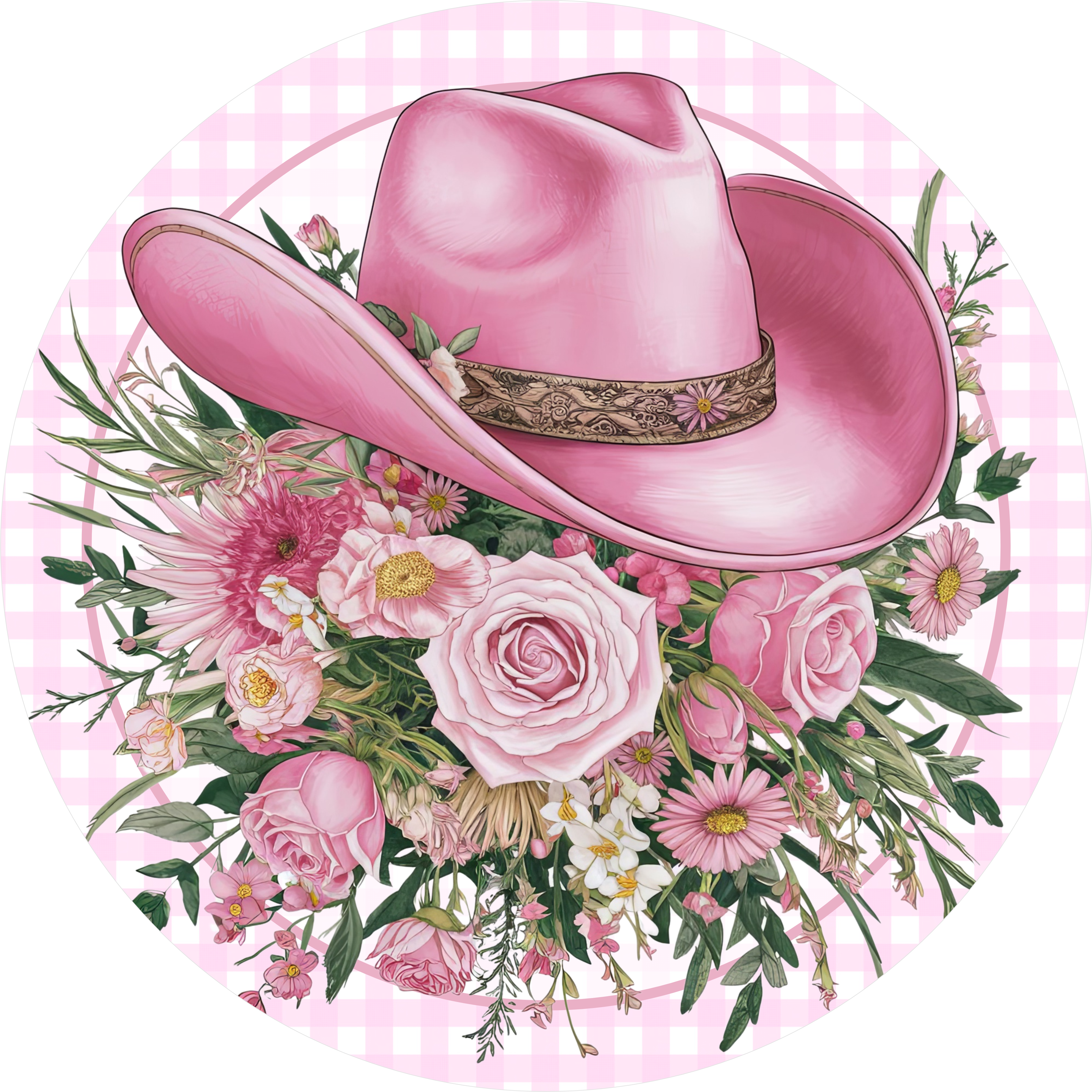 Letrero floral con sombrero de vaquera rosa, decoración de granja del oeste, arte mural rústico con flores campestres, regalo para chica sureña, letrero metálico de cuadros escoceses de vaquera