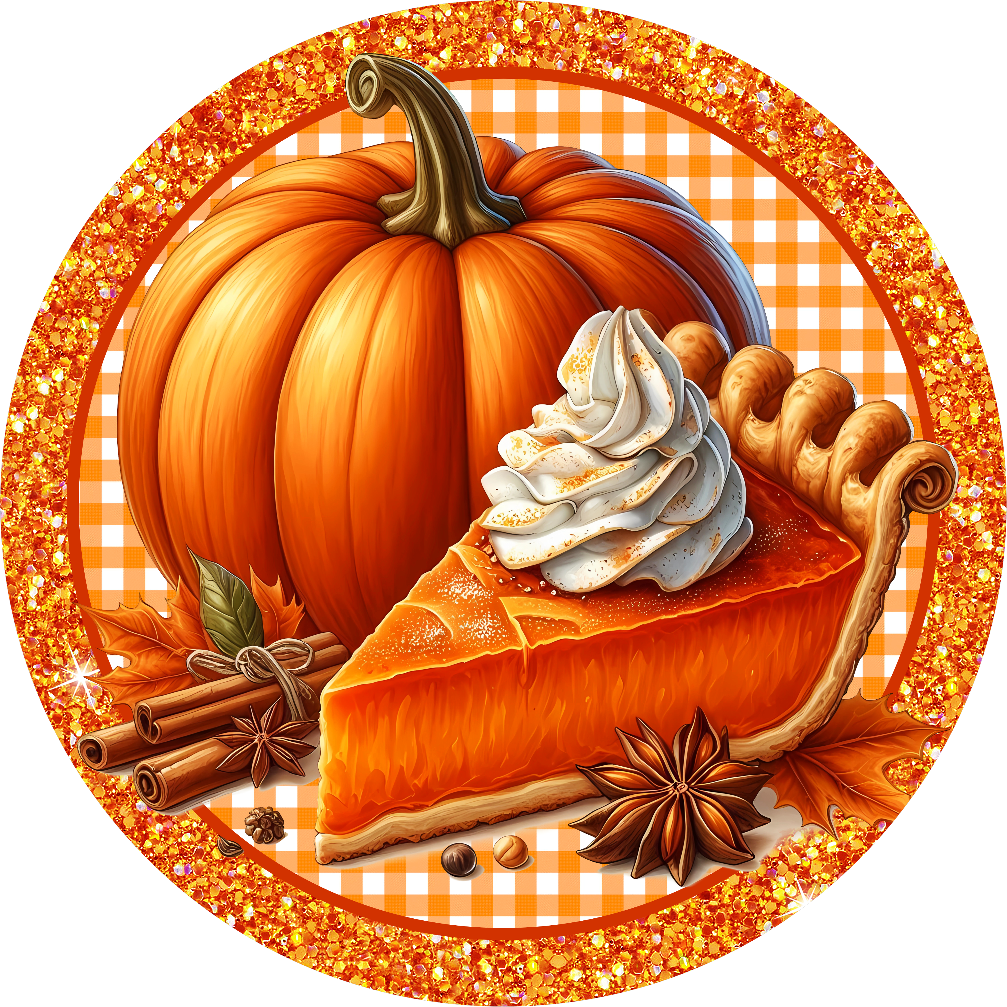 Letrero de corona de pastel de calabaza, letrero de metal para Acción de Gracias de otoño con borde de guinga y purpurina, letrero de pastel de calabaza con especias para decoración de cocina