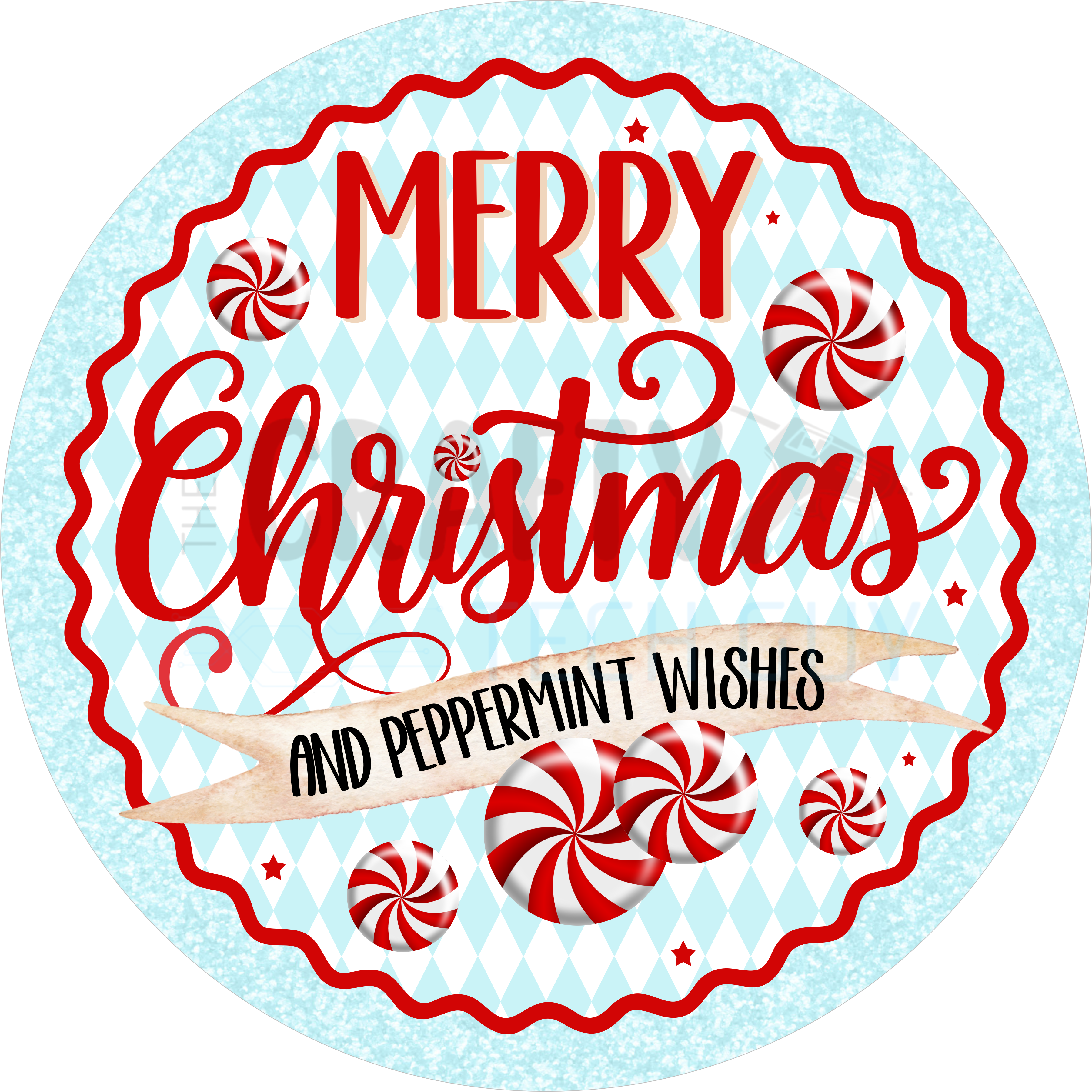Merry Christmas and Peppermint Wishes Design with Red Candy Swirls, Festive Holiday Lettering, and Frosty Blue Background