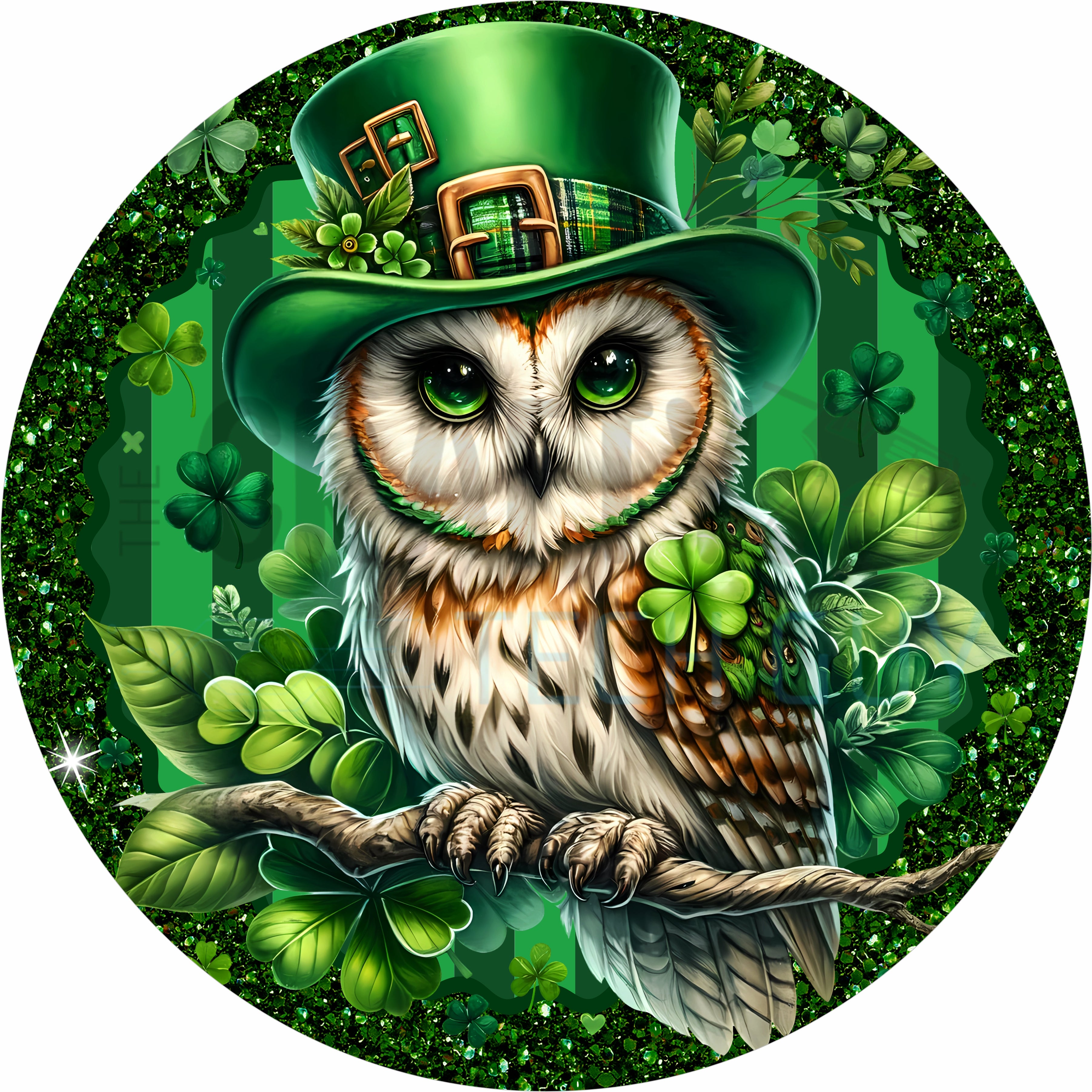 St. Patrick’s Day Lucky Owl with Shamrocks Green Glitter Round Sign