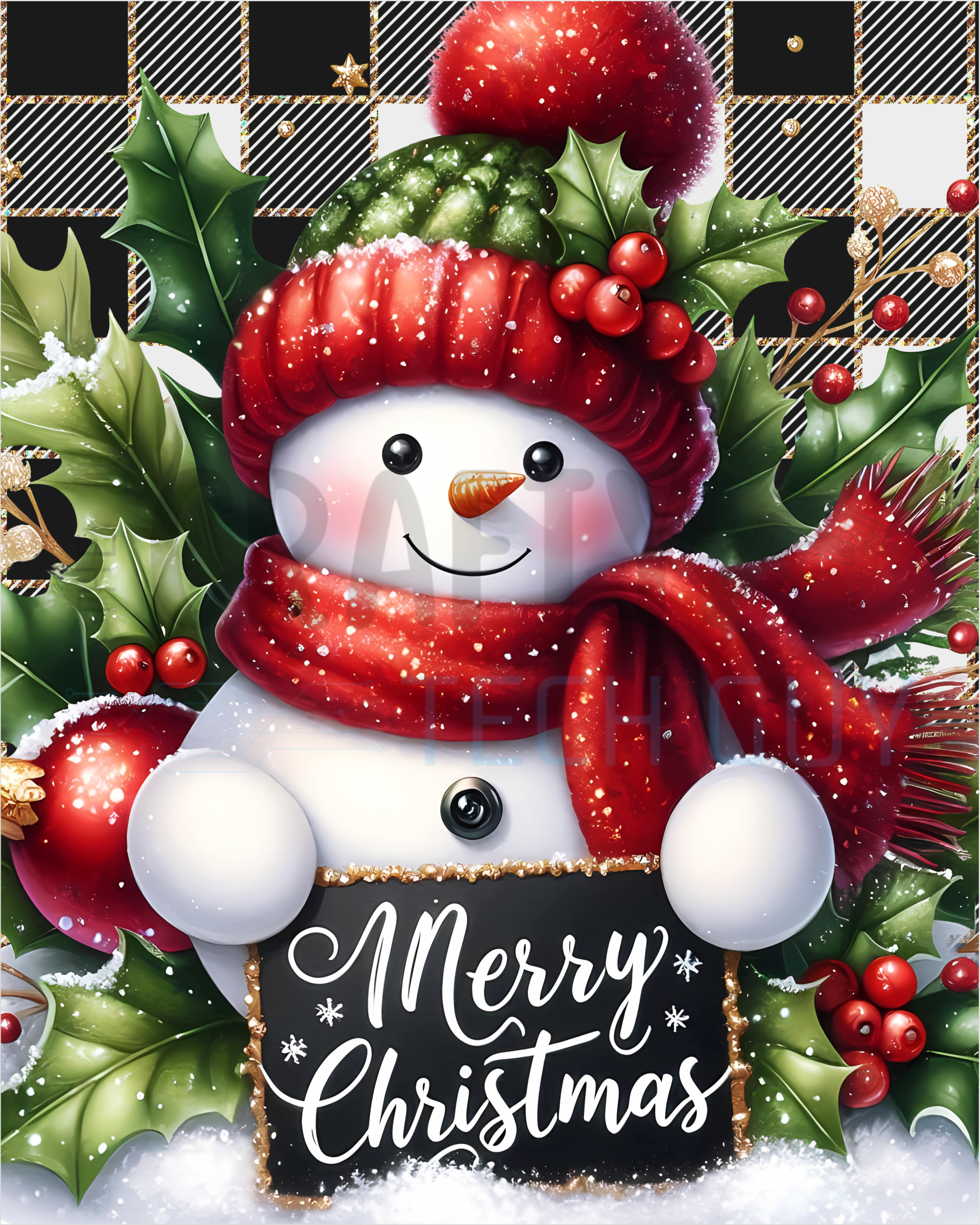 Letrero navideño de muñeco de nieve, corona navideña roja y verde, decoración invernal a cuadros de búfalo, adorable muñeco de nieve con acebo y purpurina.