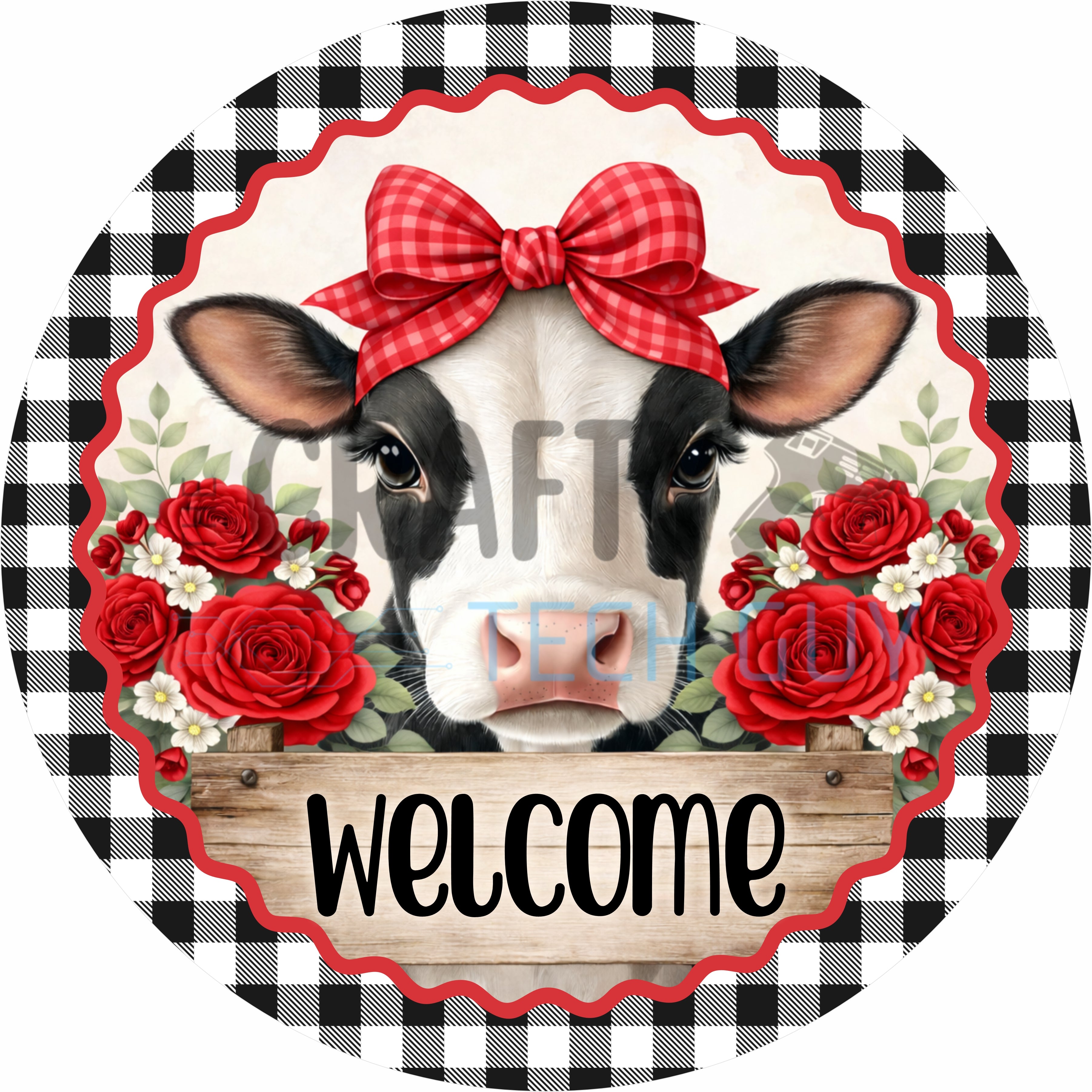 Cow Welcome with Red Roses Round Wreath Sign