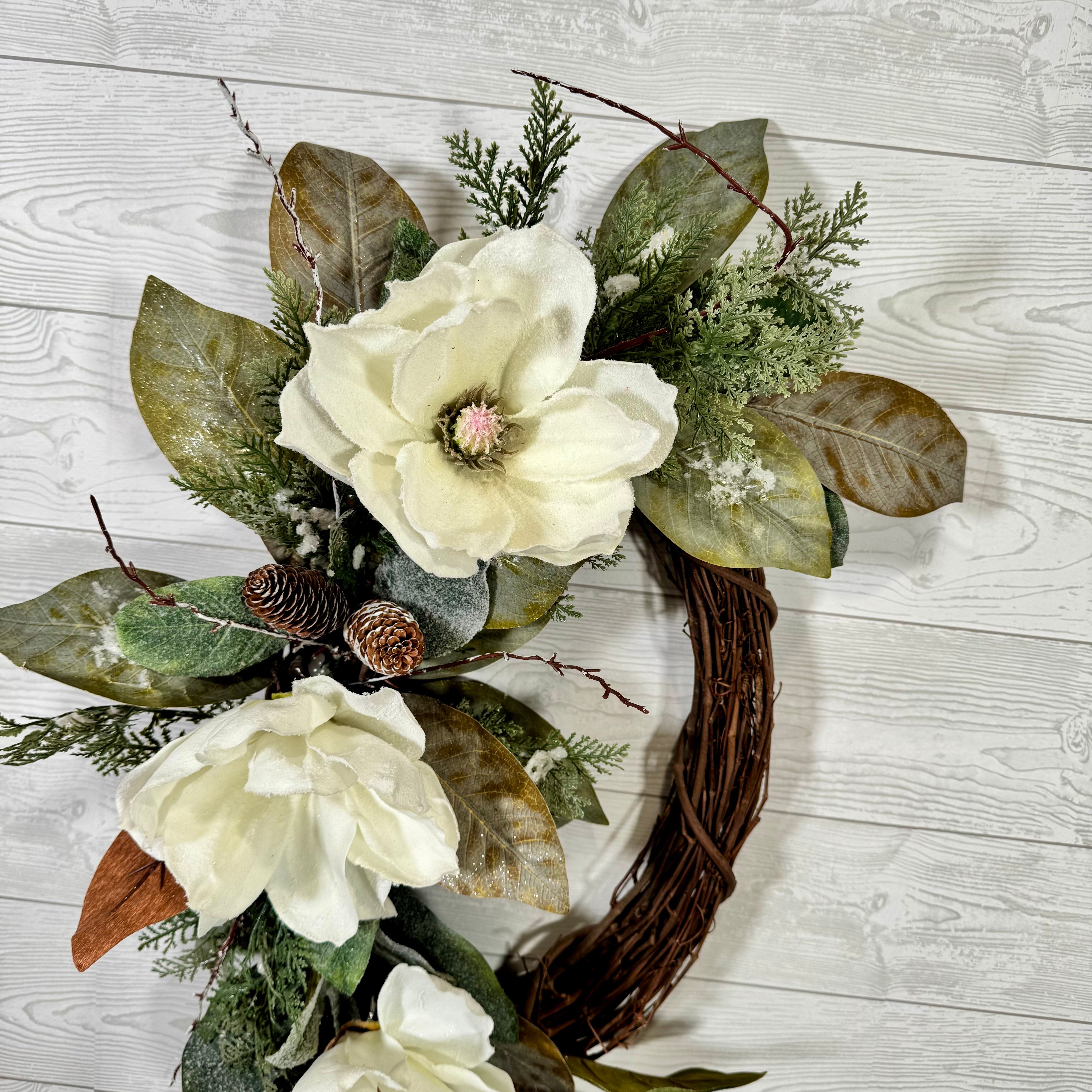 Elegant White Snowy Magnolia Wreath with Natural Greenery, Pine Accents, and Rustic Grapevine Base for Year-Round Front Door Decor