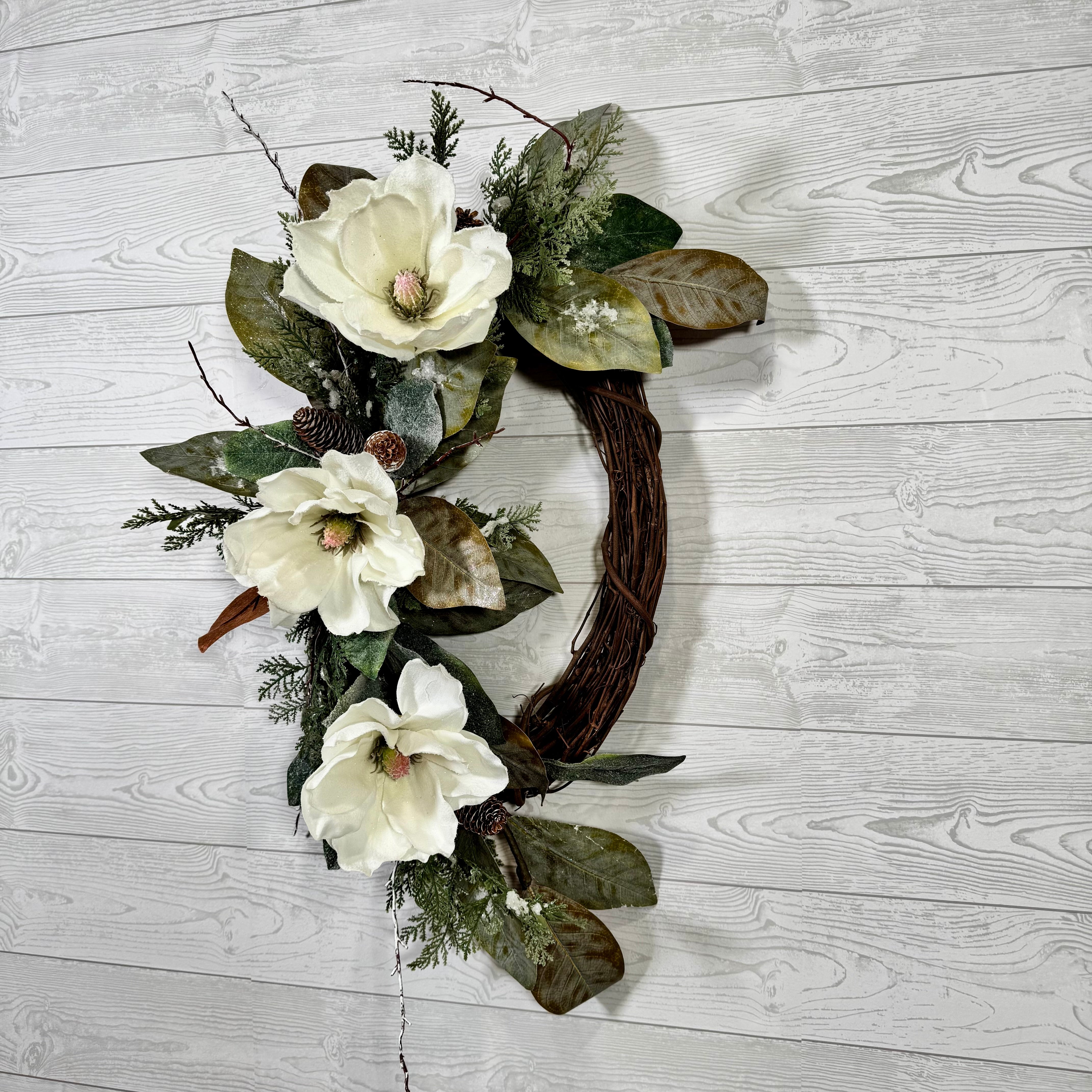 Elegant White Snowy Magnolia Wreath with Natural Greenery, Pine Accents, and Rustic Grapevine Base for Year-Round Front Door Decor