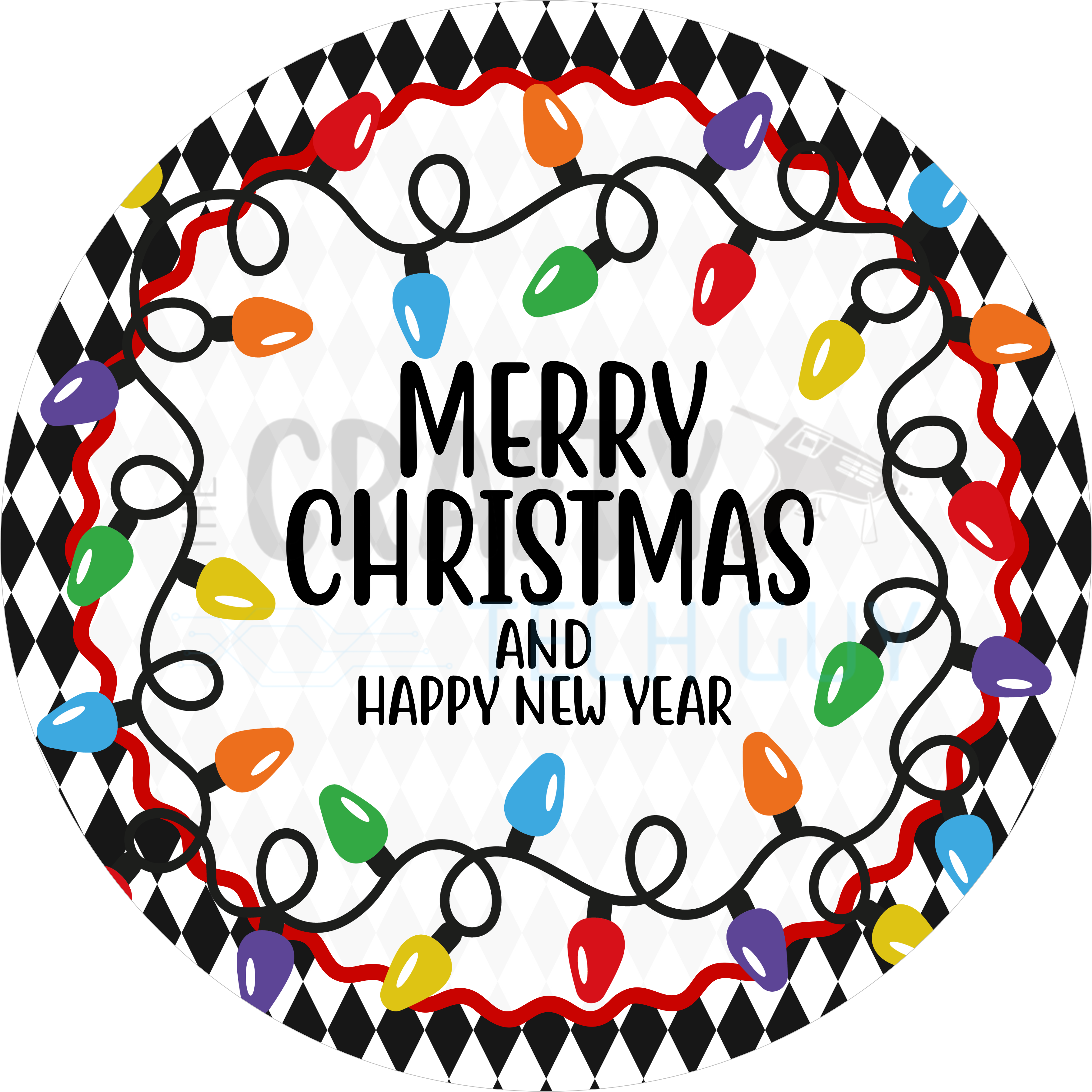 Merry Christmas and Happy New Year Sign, Festive Holiday Lights Wreath Sign with Harlequin Border, Bright and Playful Winter Door Decor