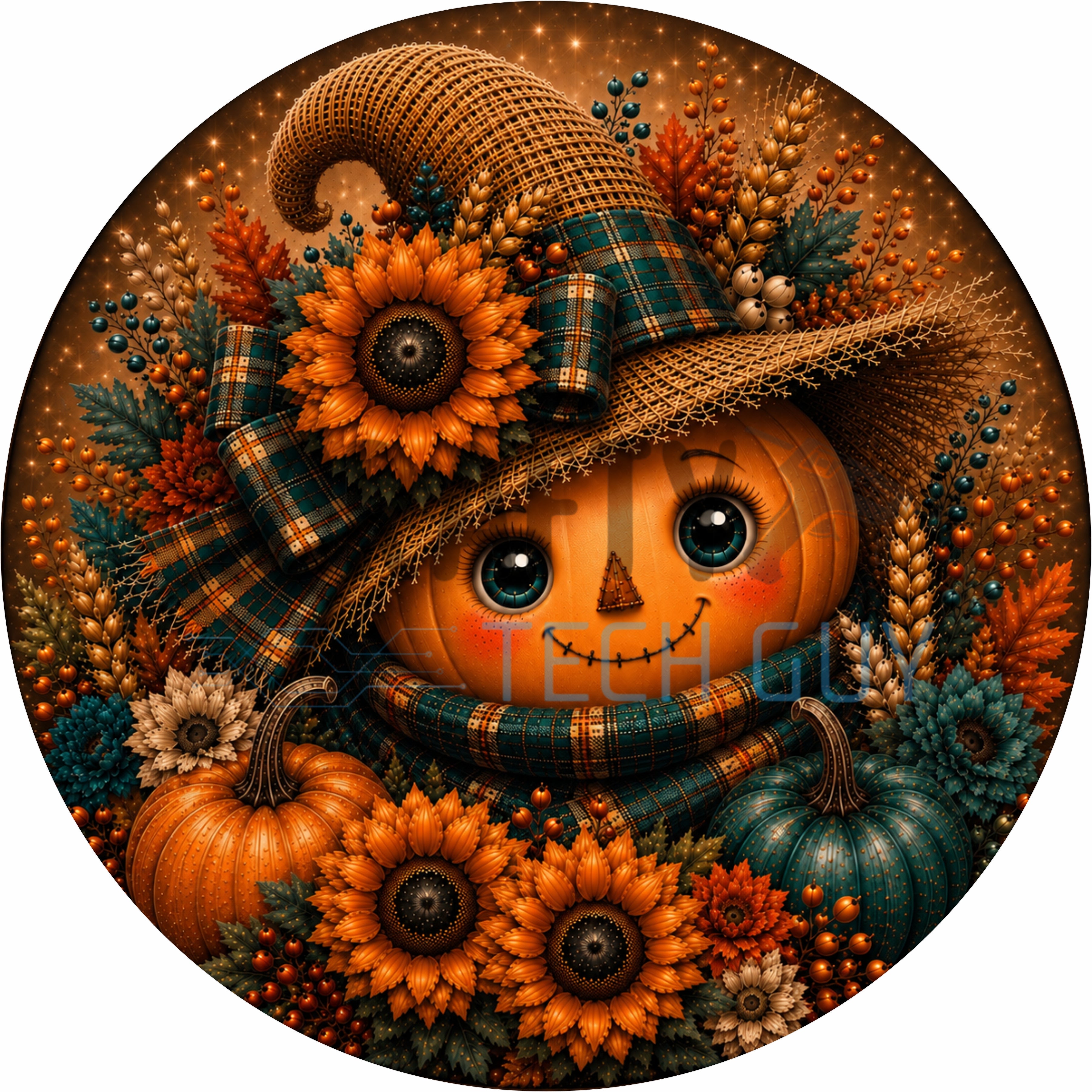 Teal Harvest Scarecrow Round Wreath Sign