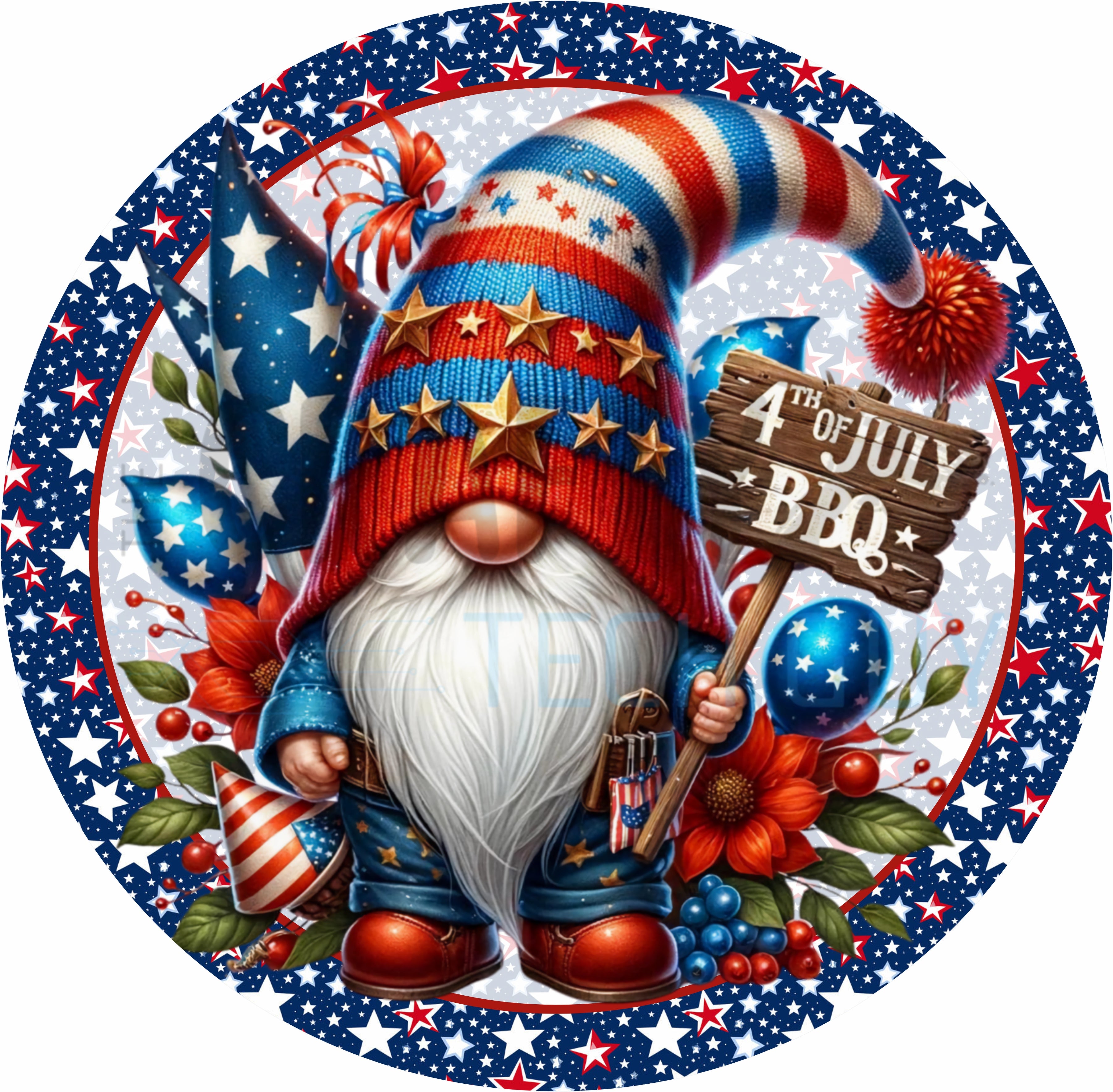4th of July Gnome Round Wreath Sign Patriotic Gnome BBQ Americana Door Decor
