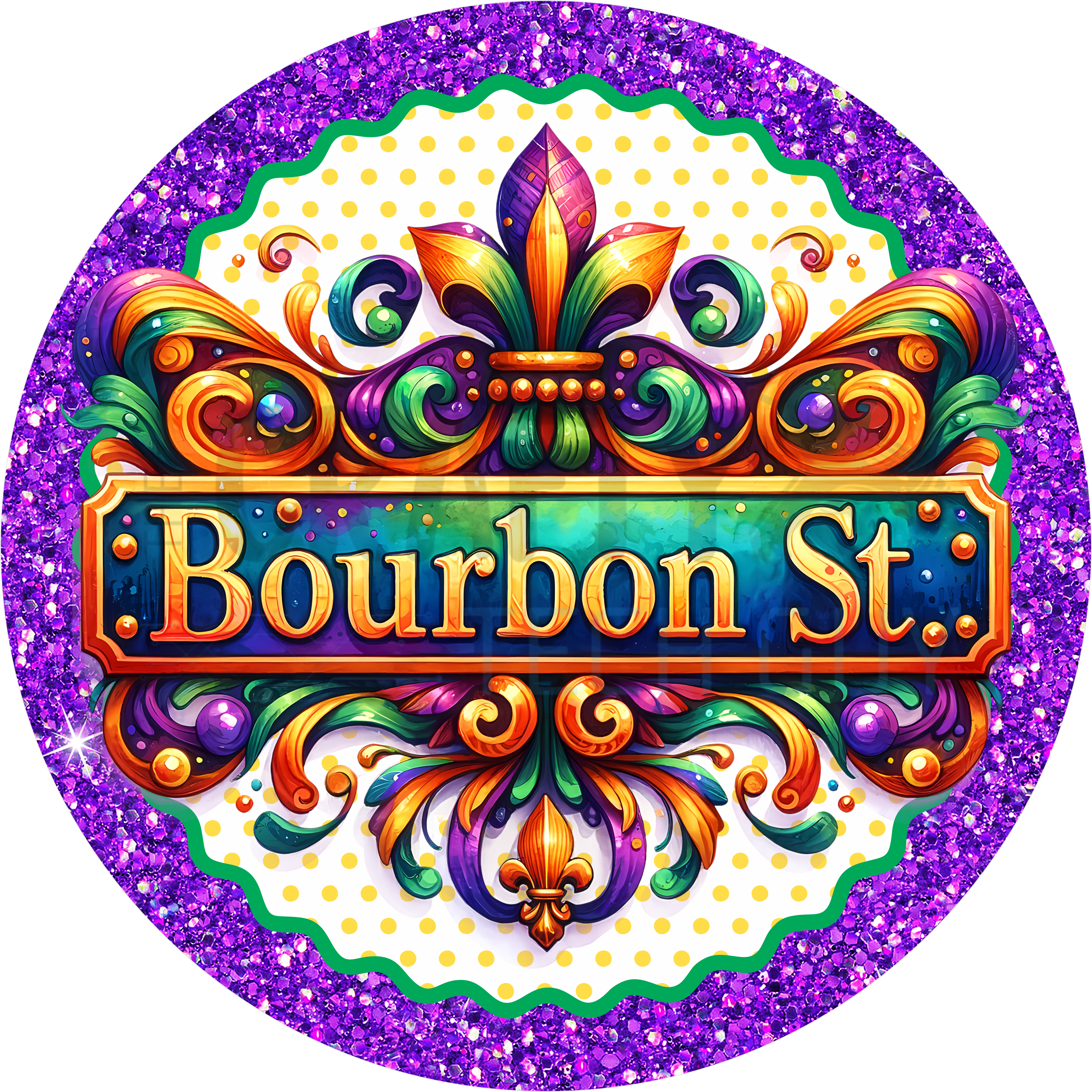 Bourbon Street Mardi Gras Door Sign – Colorful New Orleans Decor with Fleur-de-Lis & Glitter Look Border