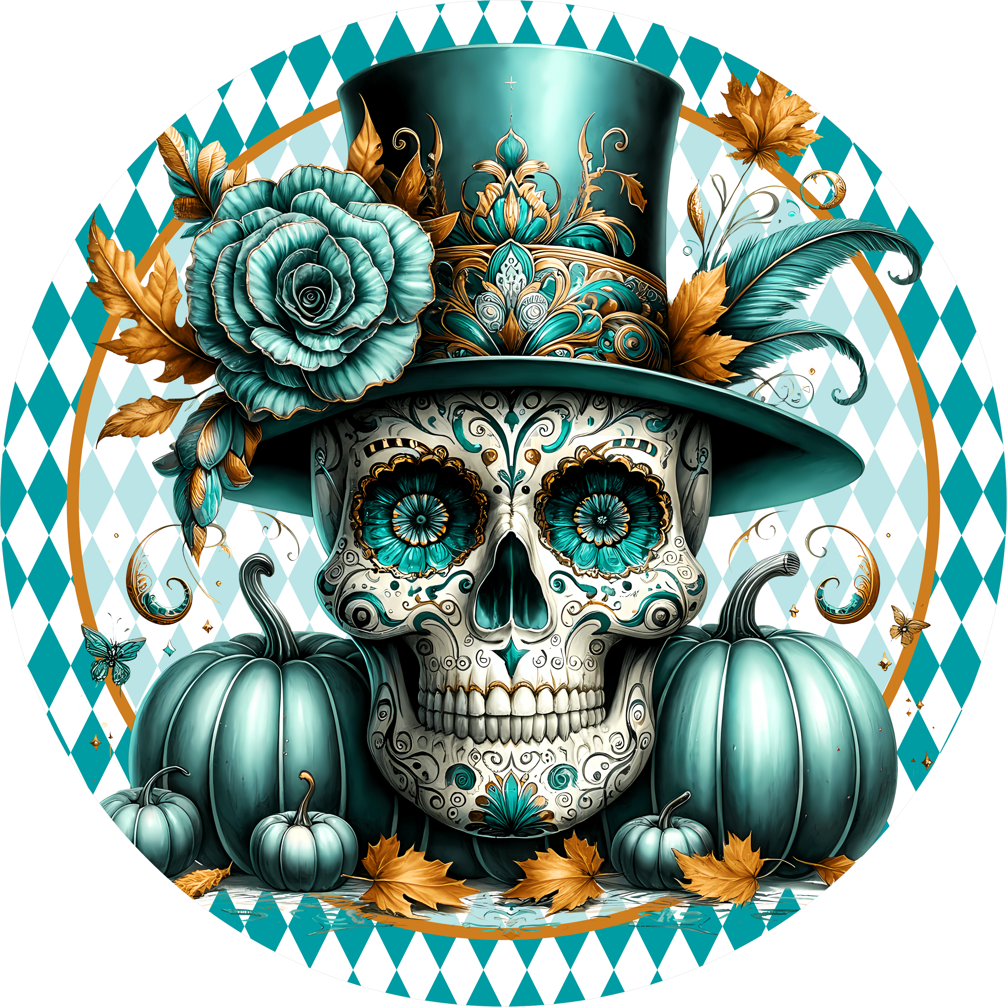 Teal Sugar Skull Wreath Sign, Day of the Dead Top Hat Pumpkin Decor
