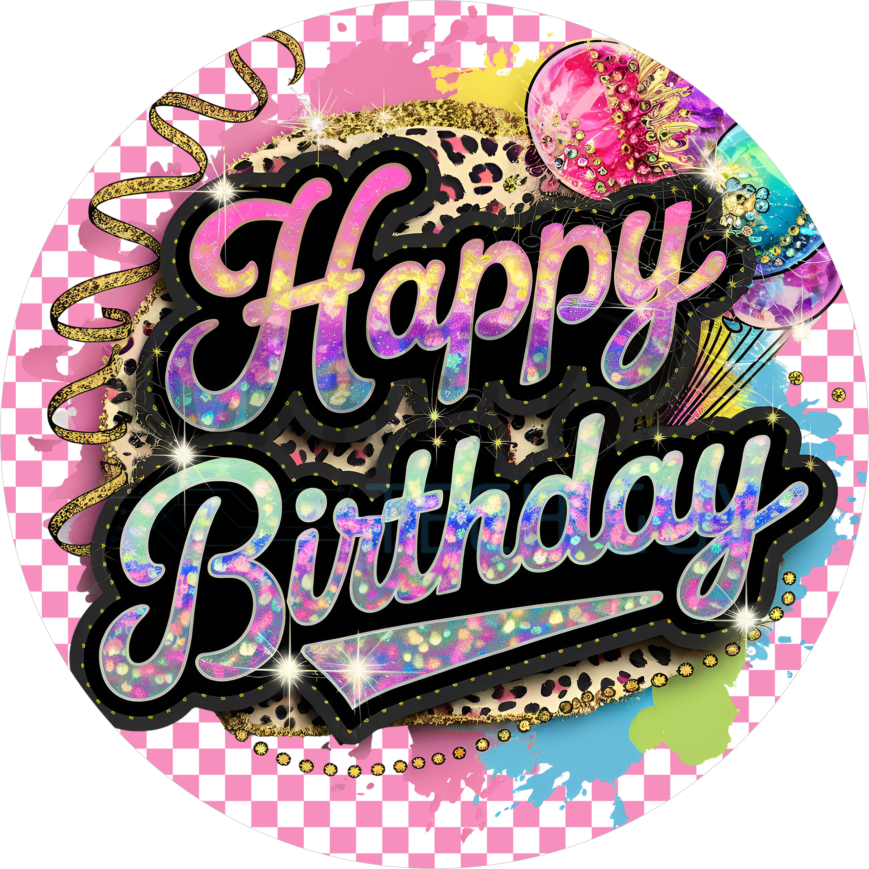 Glitter Happy Birthday Door Sign – Colorful Leopard Print Celebration Decor with Sparkle Balloon Accents