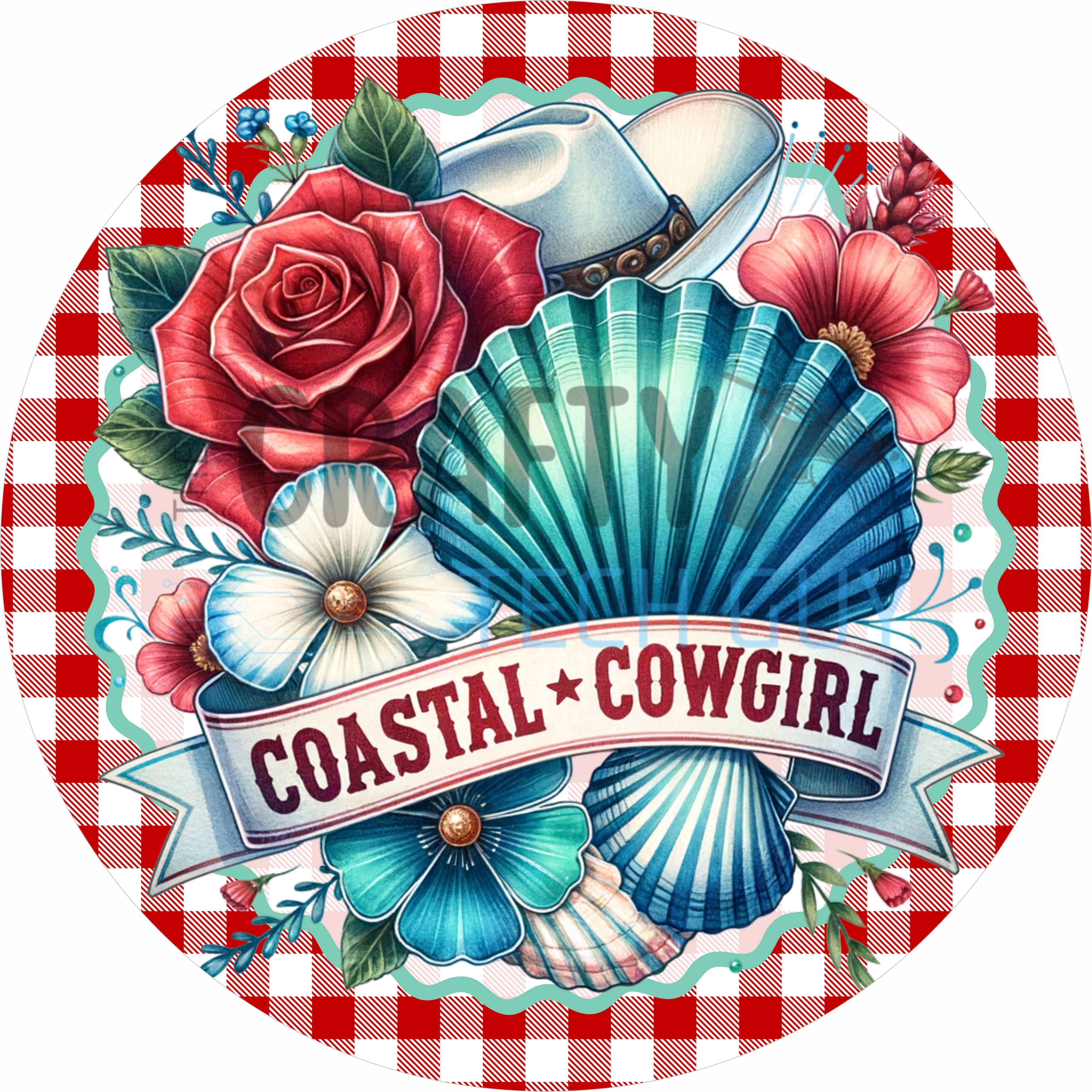 Coastal Cowgirl Seashell and Rose Round Wreath Sign