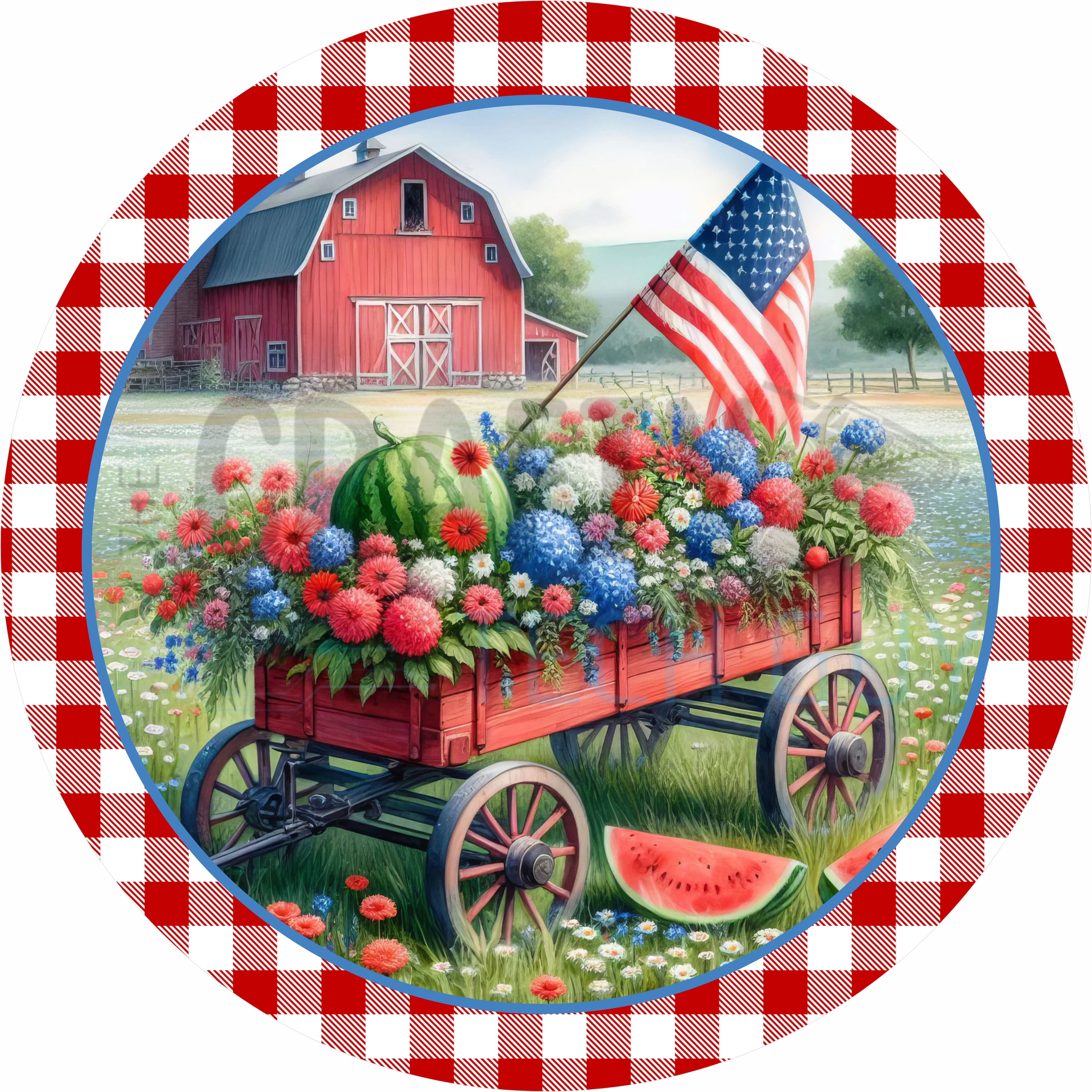 Patriotic Farm Wagon Round Wreath Sign Red White Blue Summer Farmhouse
