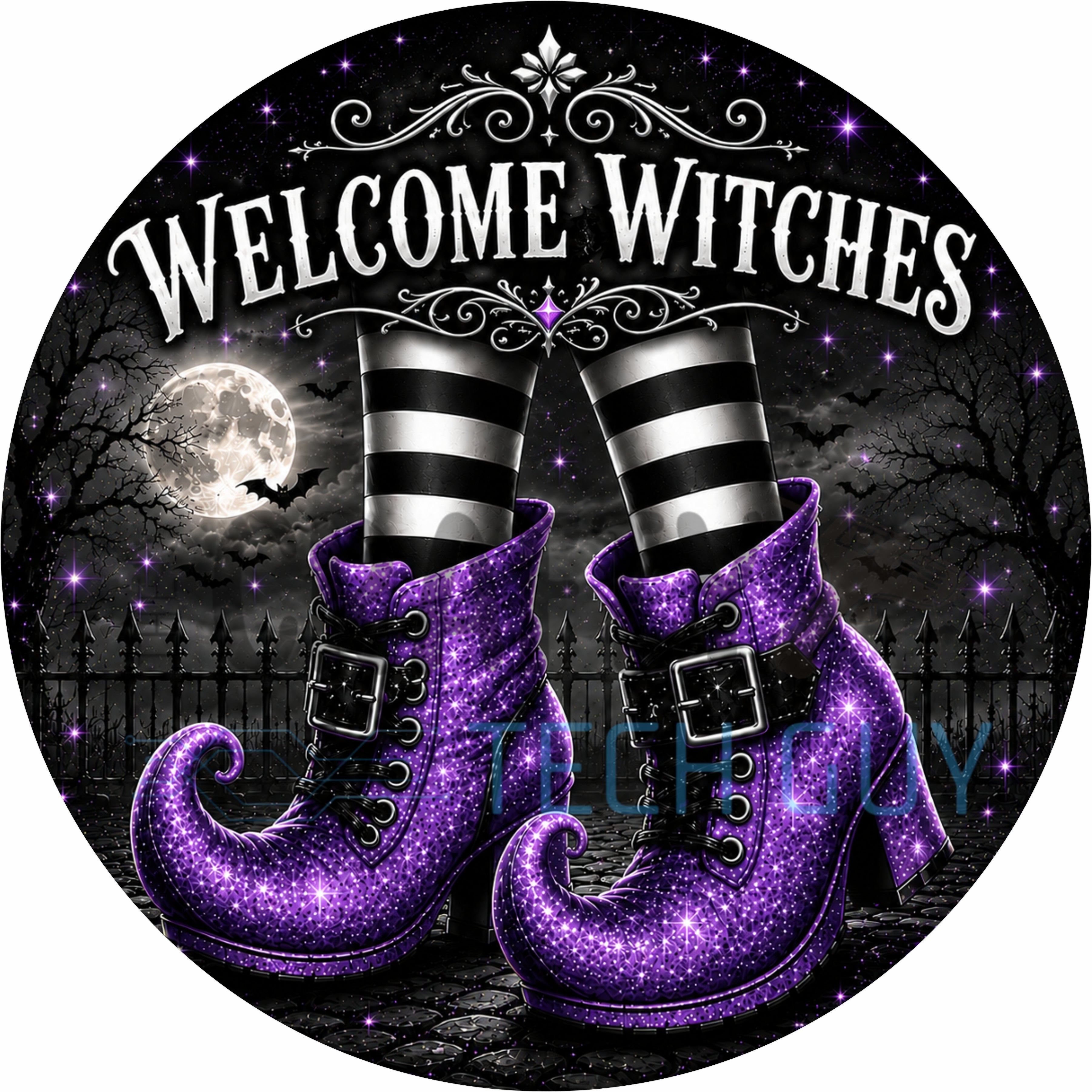 Welcome Witches Purple Glitter Boots Halloween Round Wreath Sign