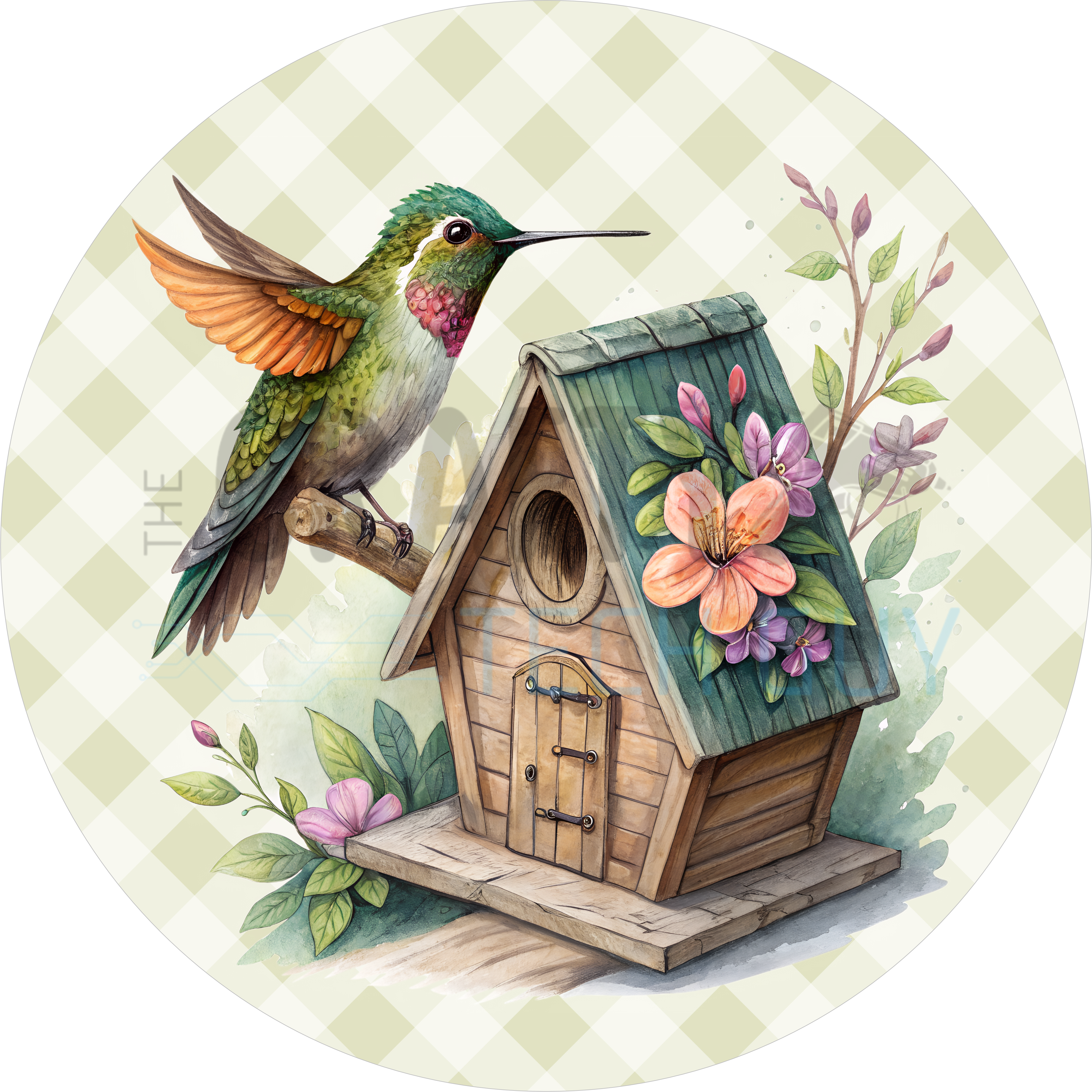 Hummingbird & Floral Birdhouse Wreath Sign – Spring Door or Wall Decor
