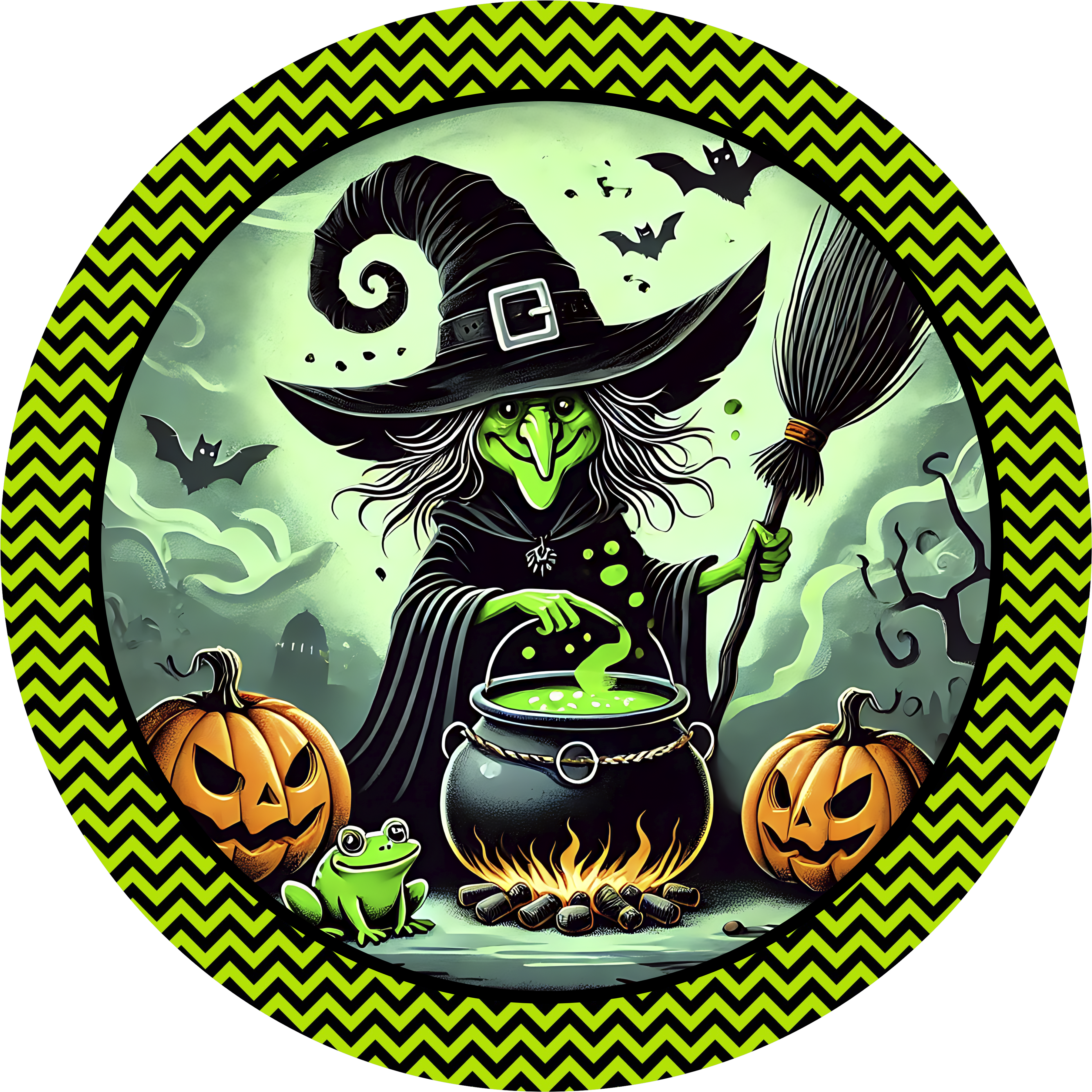 Green Witch Halloween Wreath Sign, Cauldron, Frog & Pumpkins Design