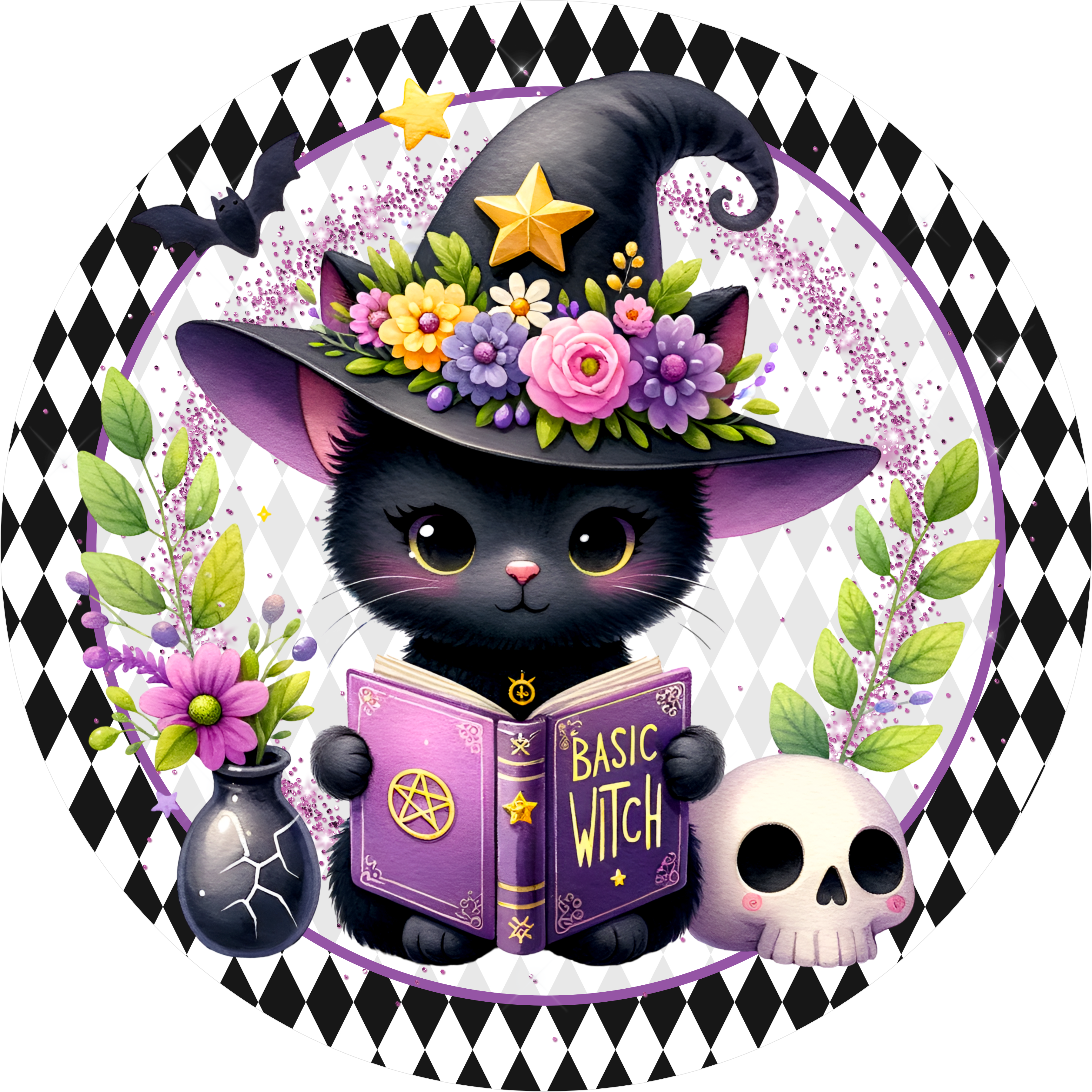 Cute Witch Cat Wreath Sign, Halloween Black Cat Reading Spell Book