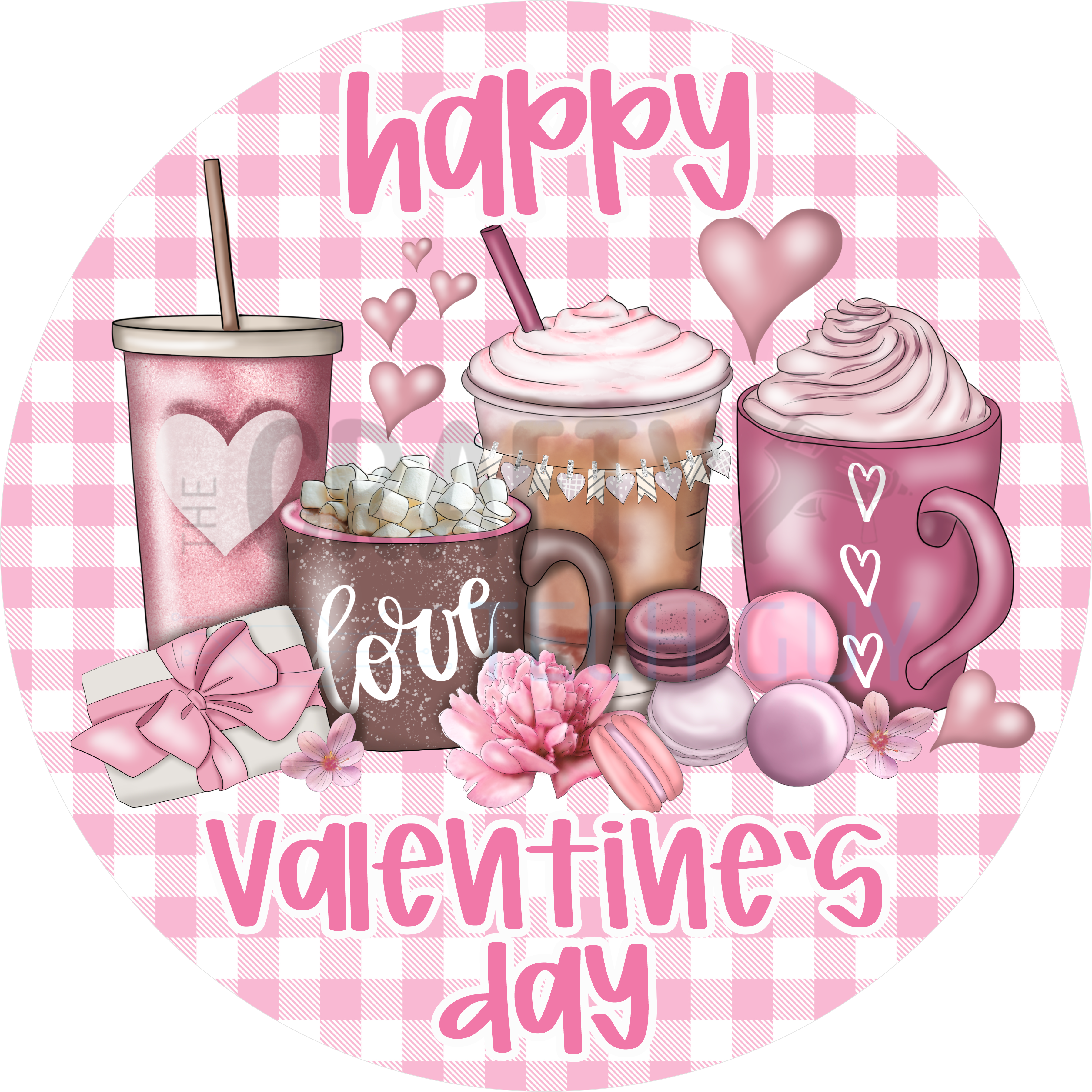 Happy Valentine’s Day Coffee and Cocoa Design | Pink Gingham Background with Sweet Drinks, Hearts, and Gift Box for Cozy Décor