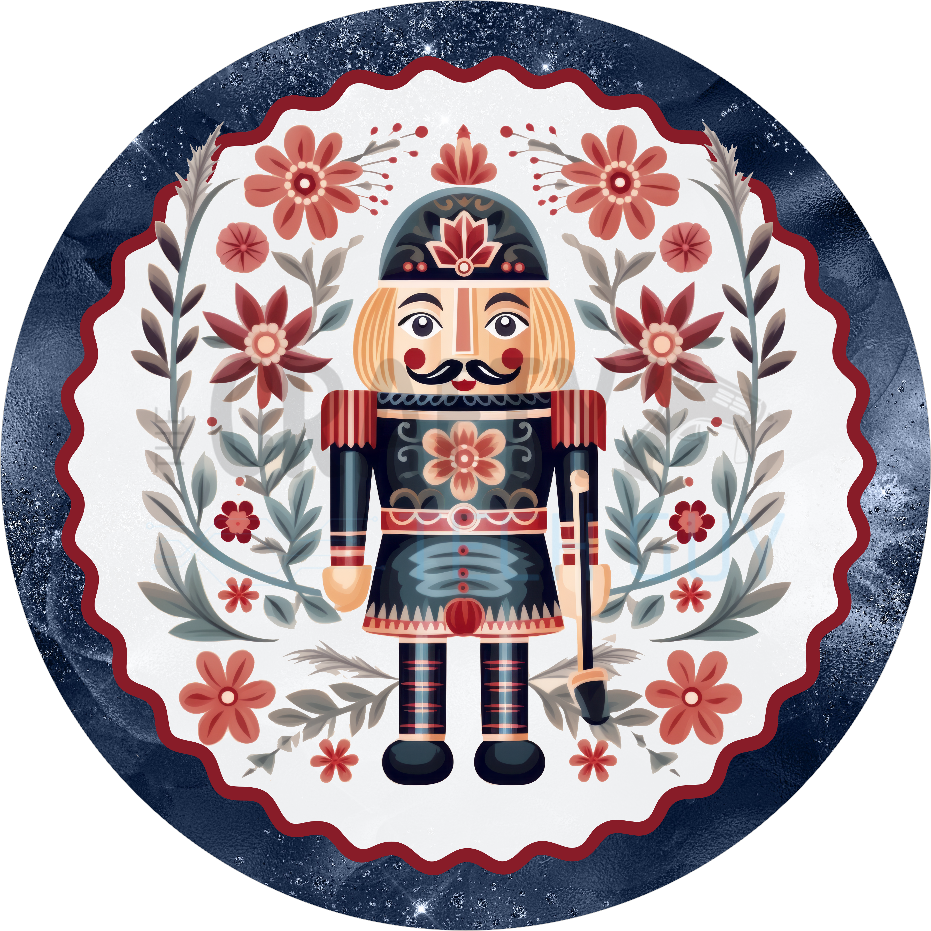 Vintage Folk Art Nutcracker Christmas Sign, Navy and Red Floral Holiday Wreath Sign, Traditional Scandinavian Winter Door Decor Accent