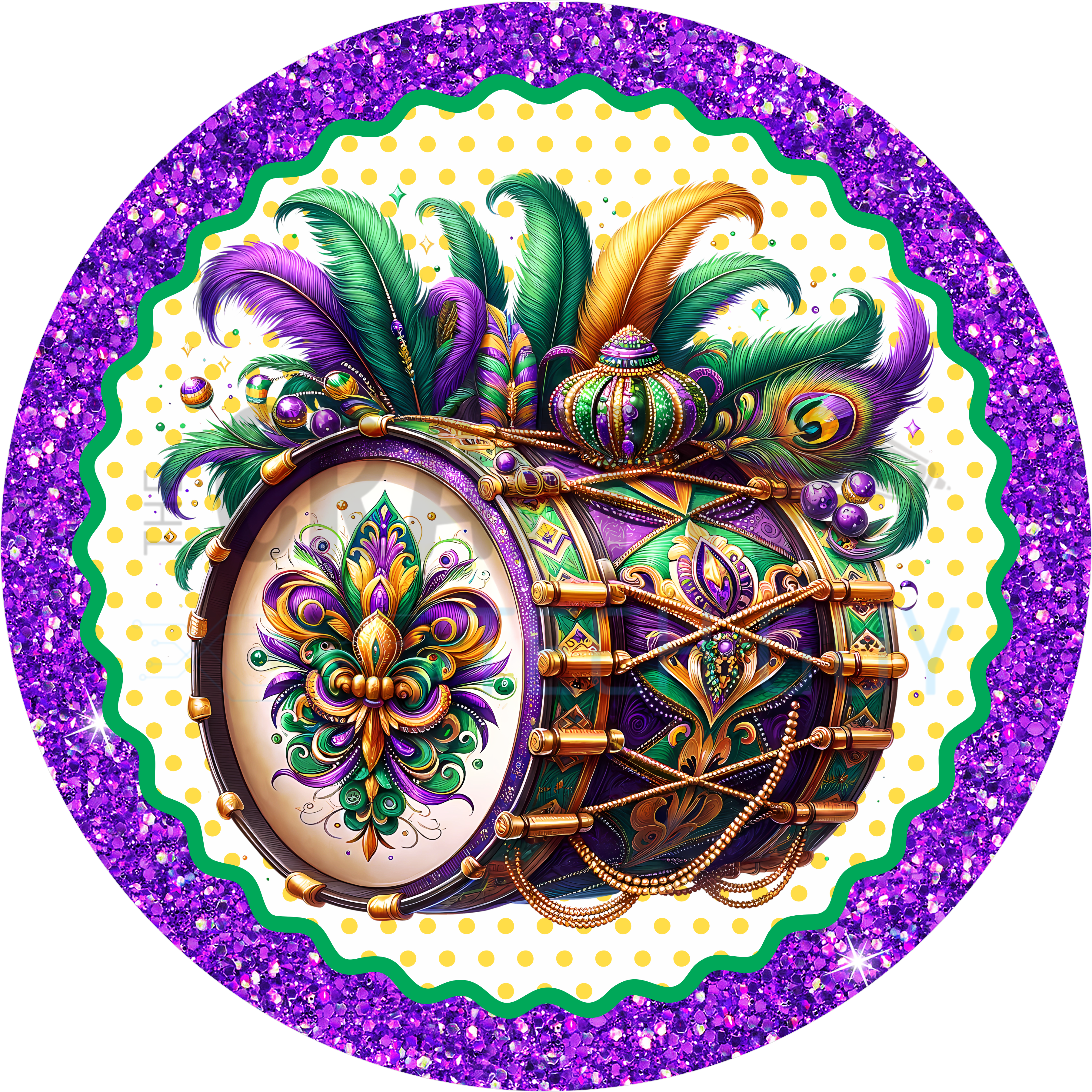 Mardi Gras Drum Wreath Sign – Festive Carnival Door Decor with Feathers & Glitter Border