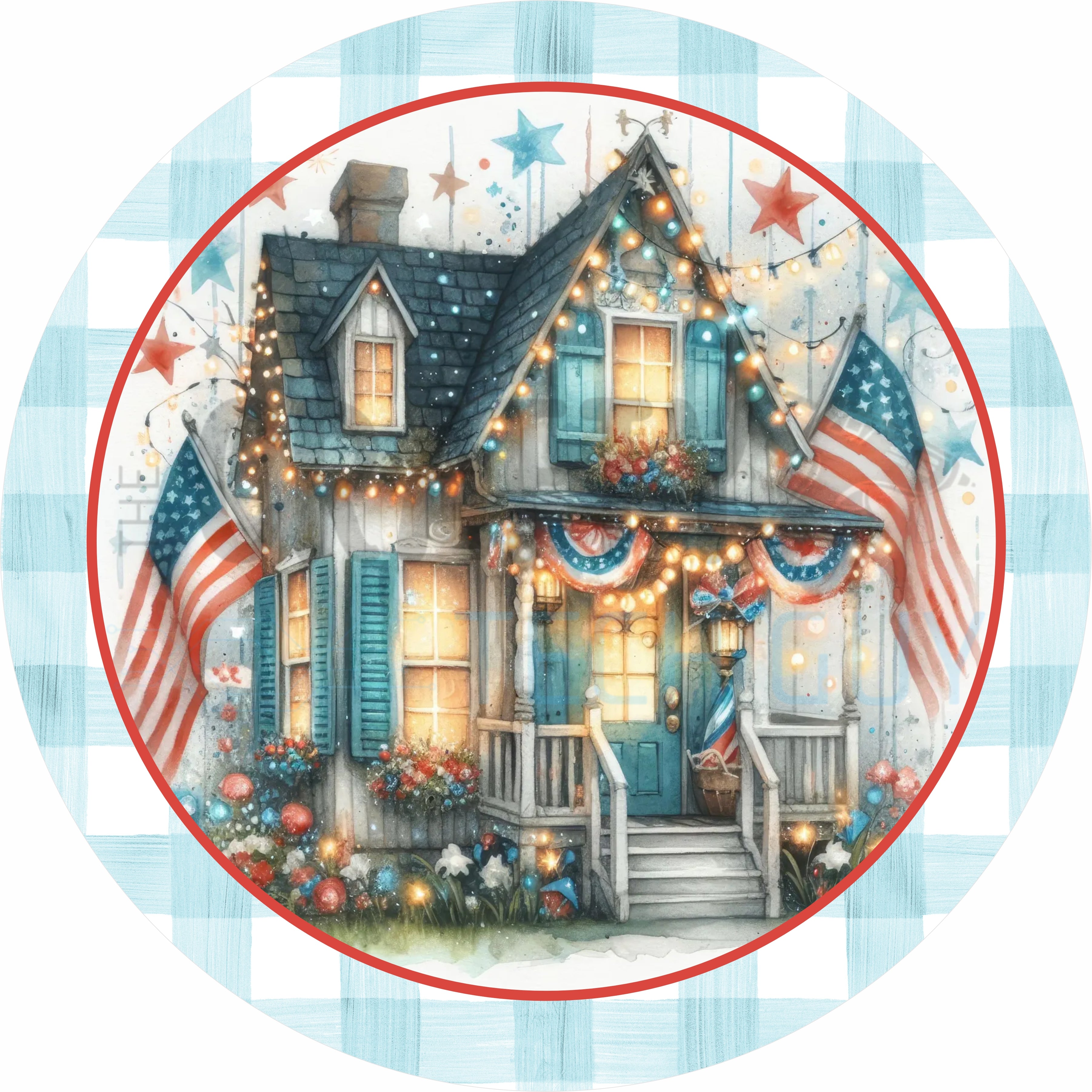 Patriotic Farmhouse House with American Flags Round Wreath Sign