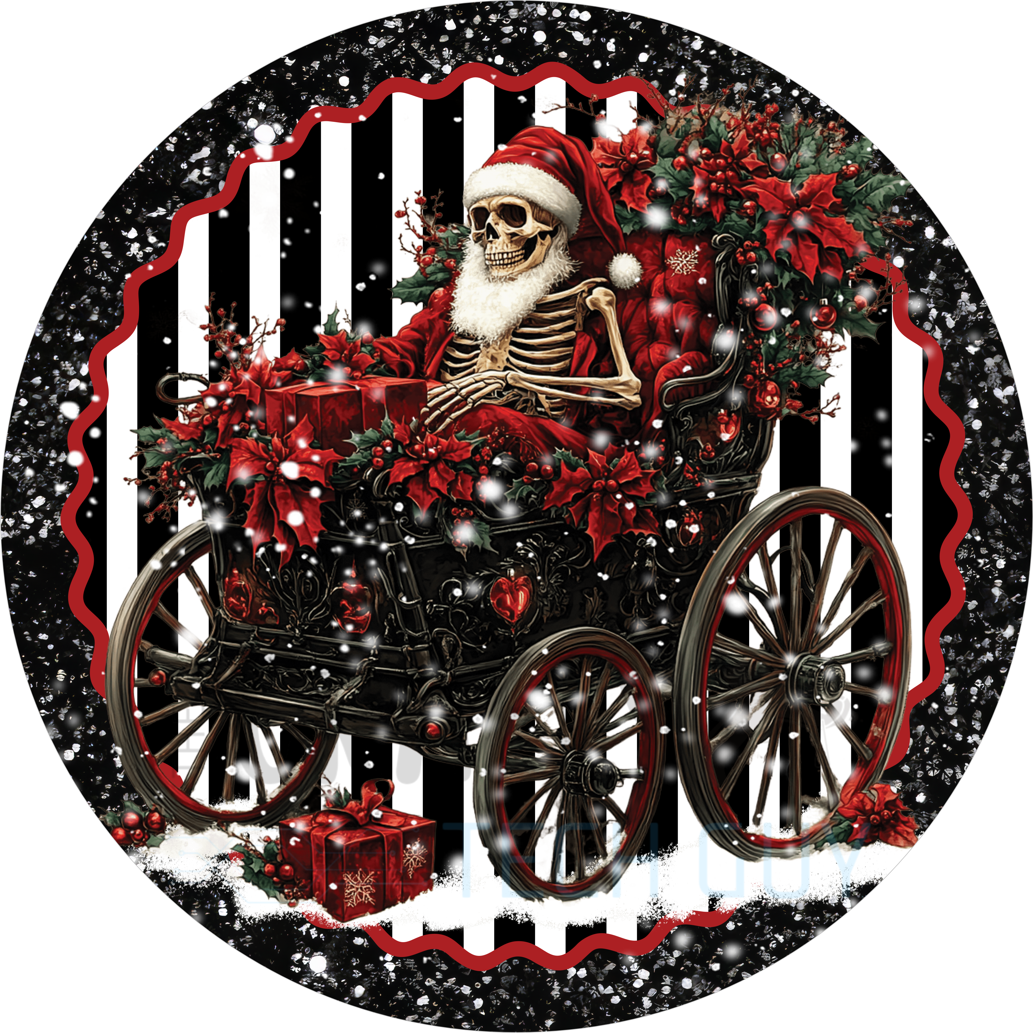 Dark Gothic Skeleton Santa Christmas Sign, Spooky Holiday Wreath Sign with Black Carriage and Poinsettias, Creepy Victorian Christmas Decor