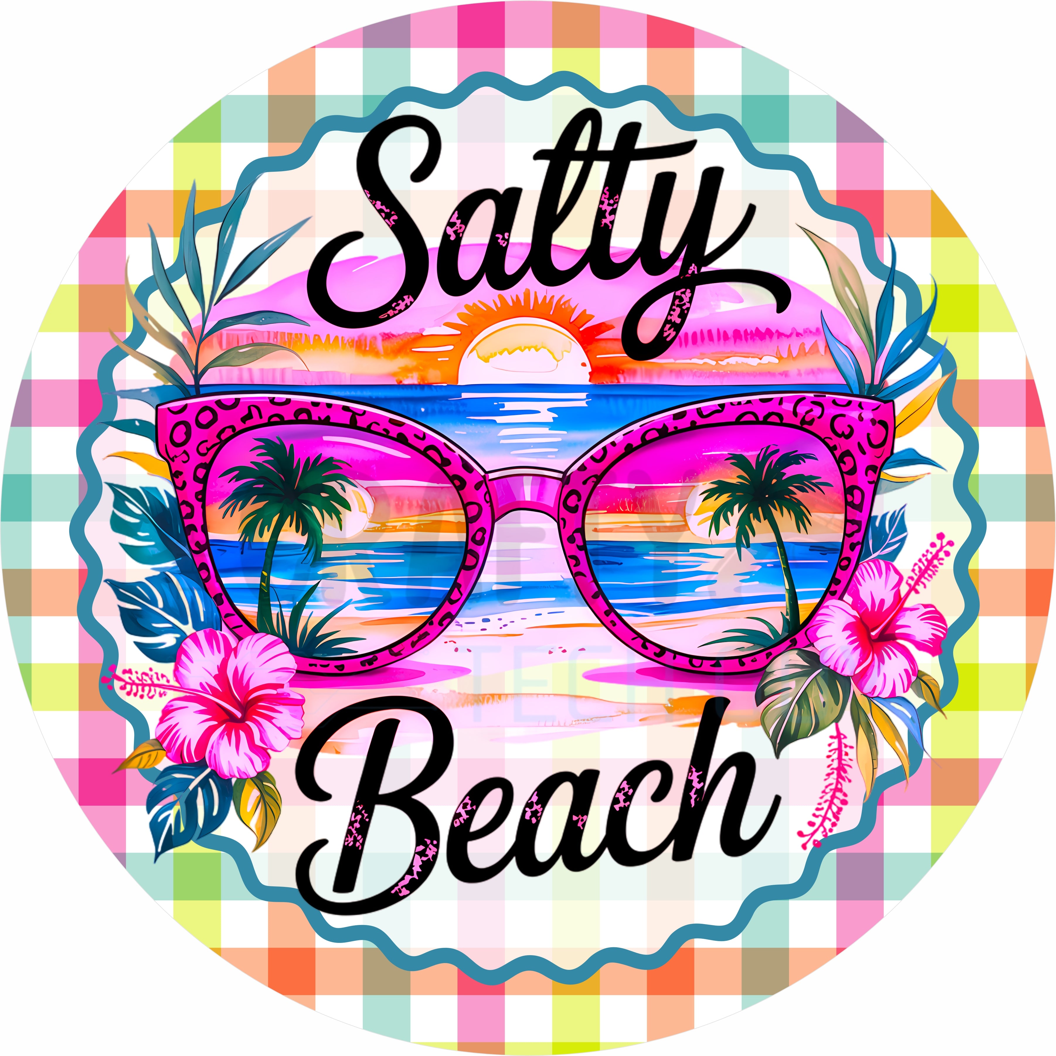 Salty Beach Sunglasses Tropical Round Wreath Sign