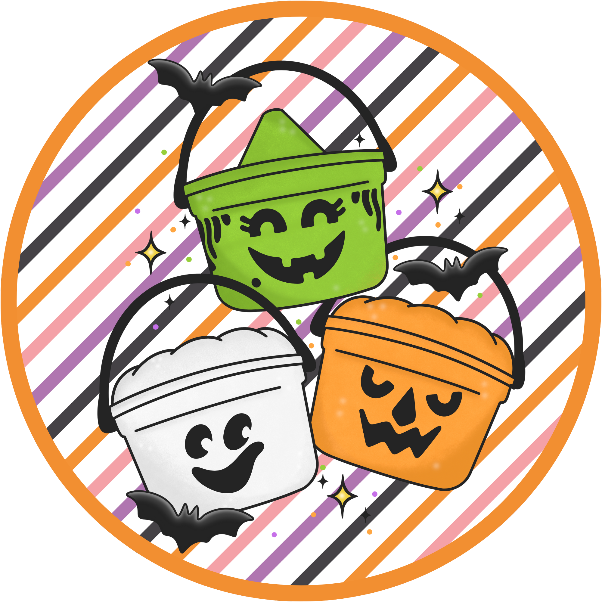 Halloween Candy Bucket Sign – Ghost, Pumpkin & Monster Trio with Bats on Diagonal Striped Background