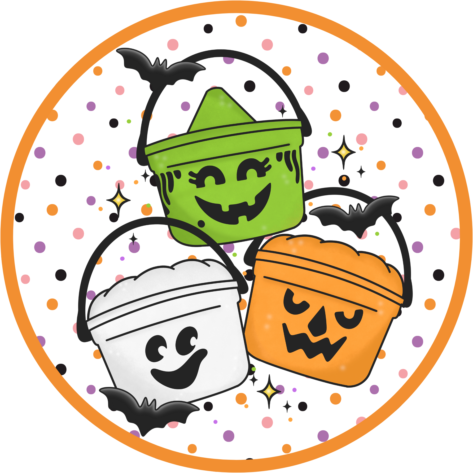 Halloween Trick or Treat Bucket Trio Sign – Cute Ghost, Pumpkin, and Monster Candy Pails with Bats and Polka Dots