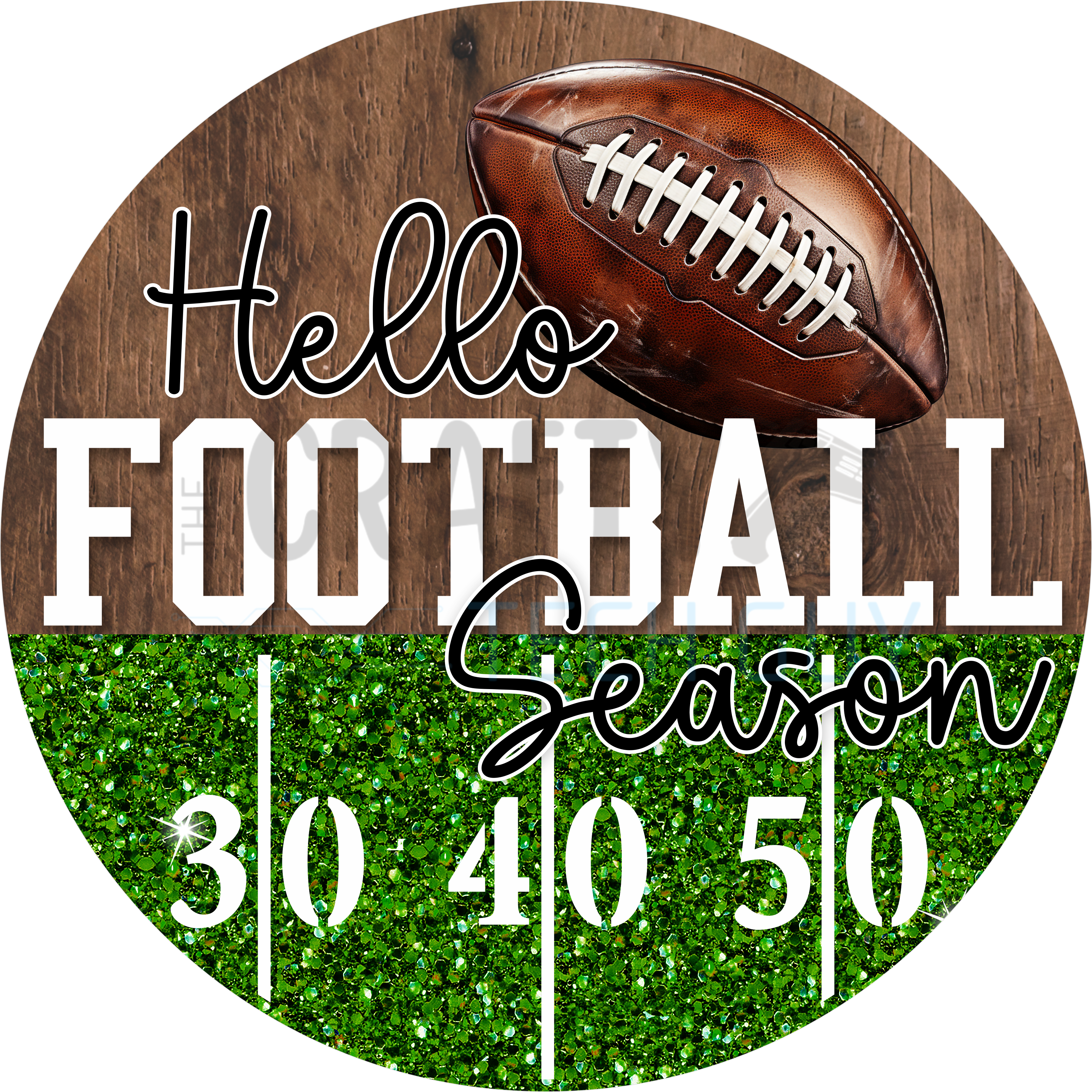 Hello Football Season Sign with Realistic Leather Football, Green Glitter Field Lines, and Rustic Wood Background