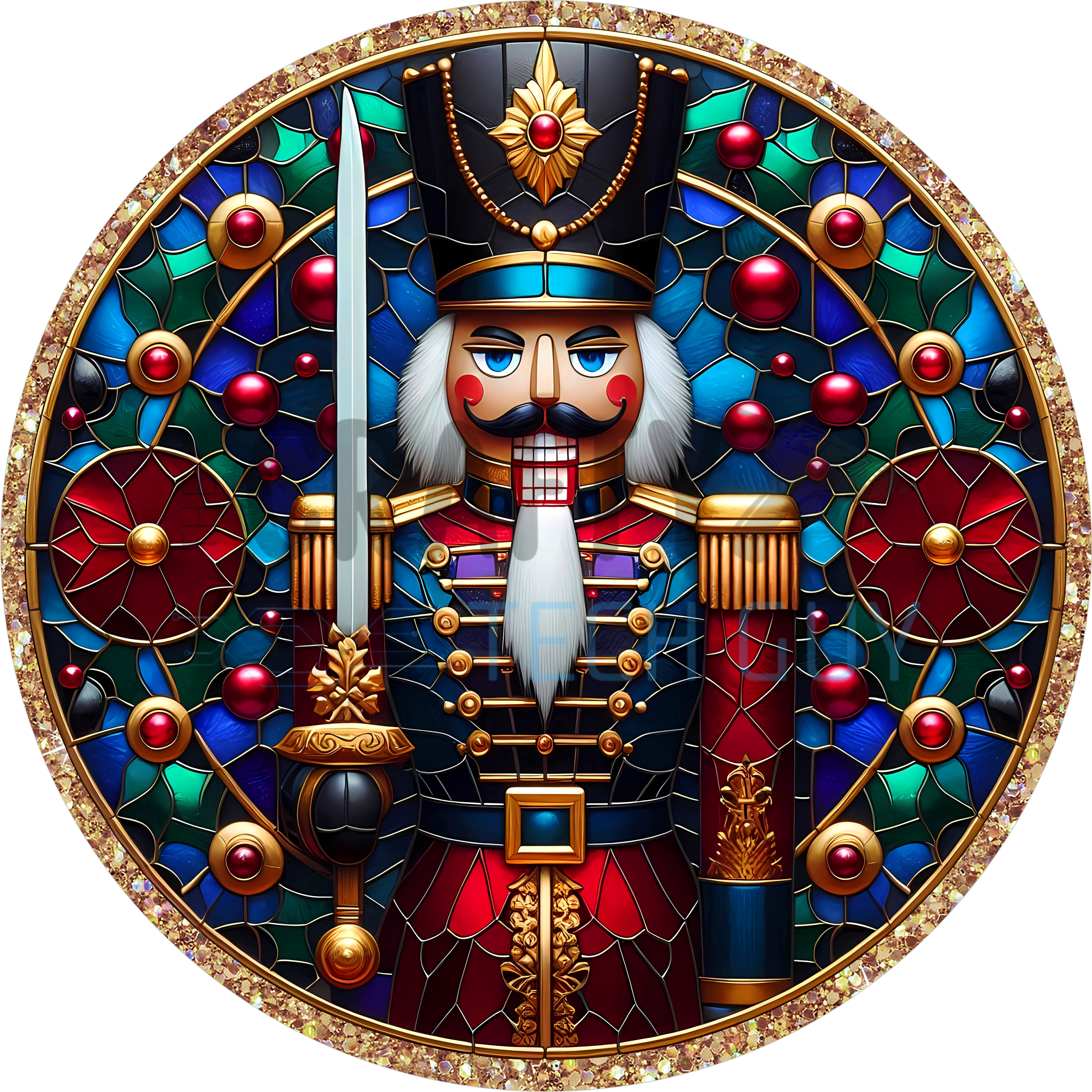 Letrero navideño de cascanueces con vitrales, elegante corona de soldado con cascanueces, arte mural festivo de inspiración vintage para una decoración navideña tradicional.