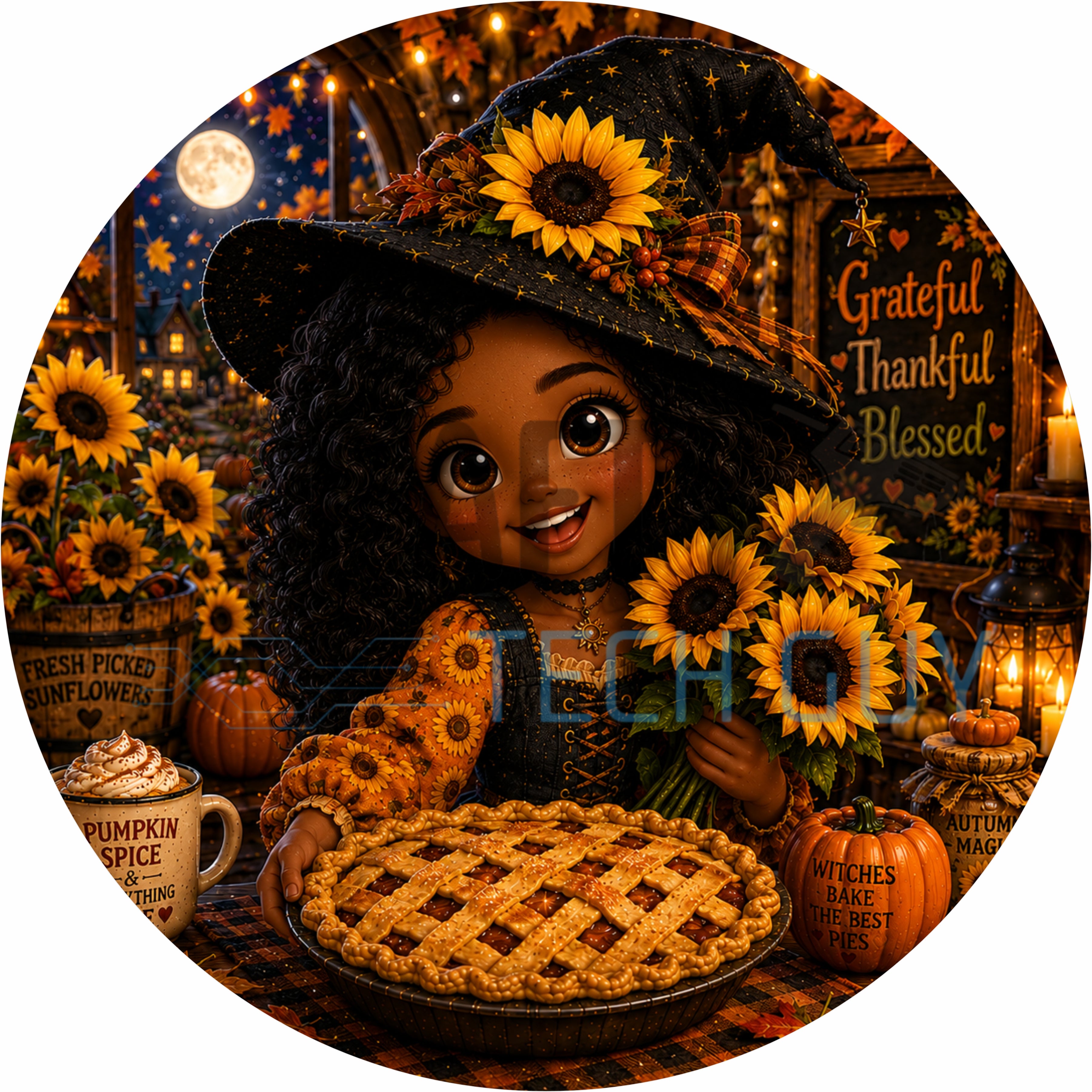 Grateful Thankful Blessed Witch Round Wreath Sign
