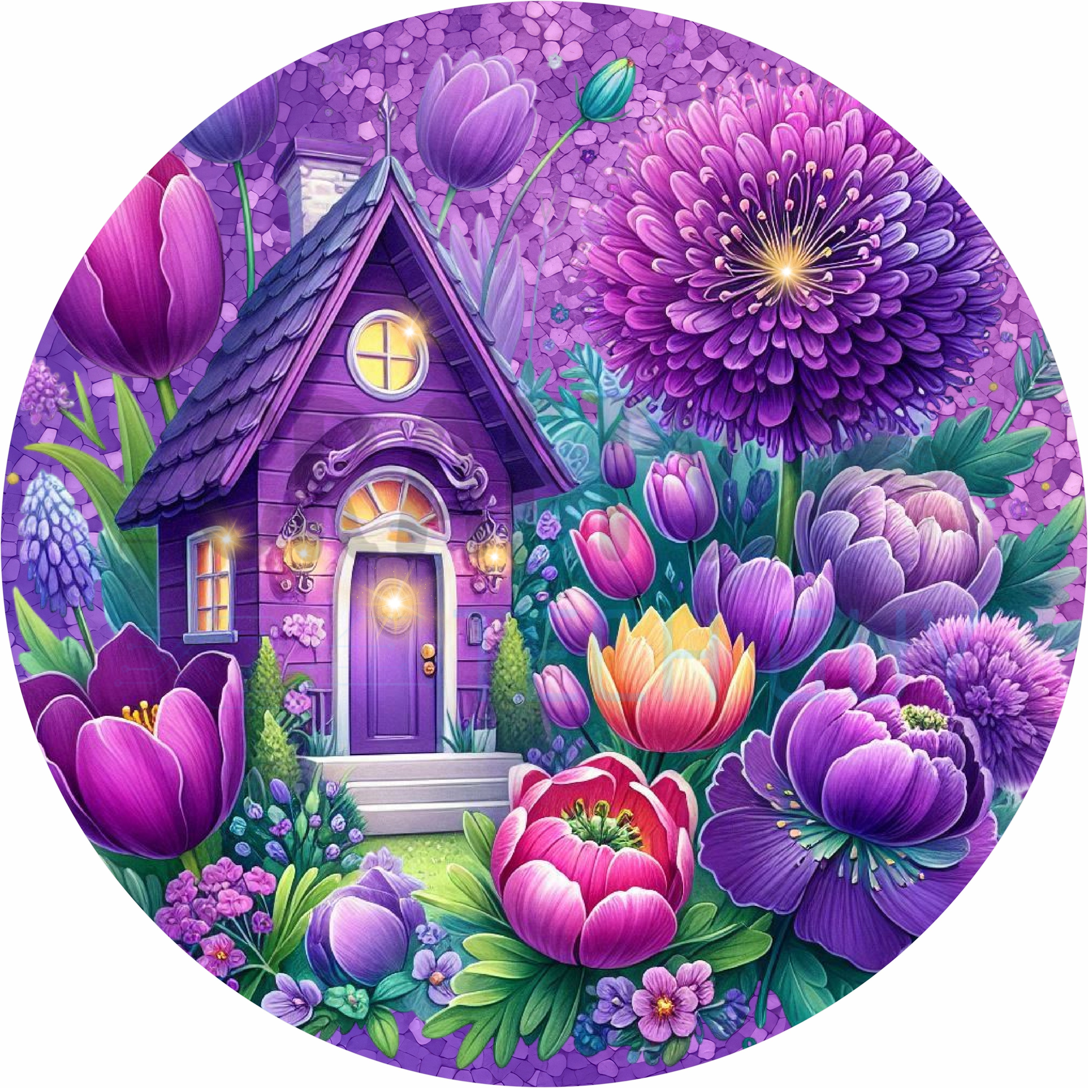 Purple Floral Cottage Garden Round Wreath Sign