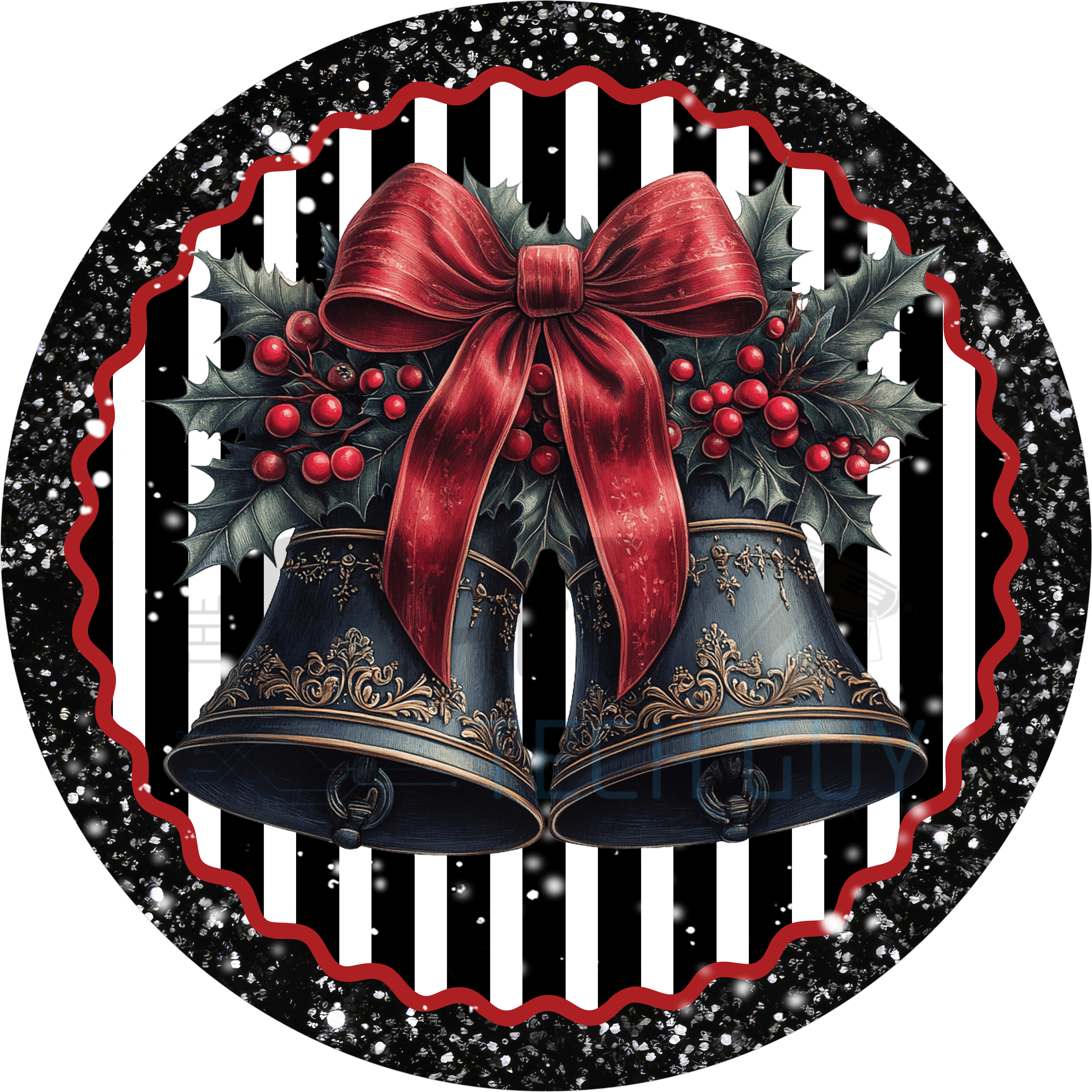 Elegant Vintage Christmas Bells Sign, Black and Gold Holiday Wreath Accent with Red Bow and Holly, Classic Christmas Door Decor