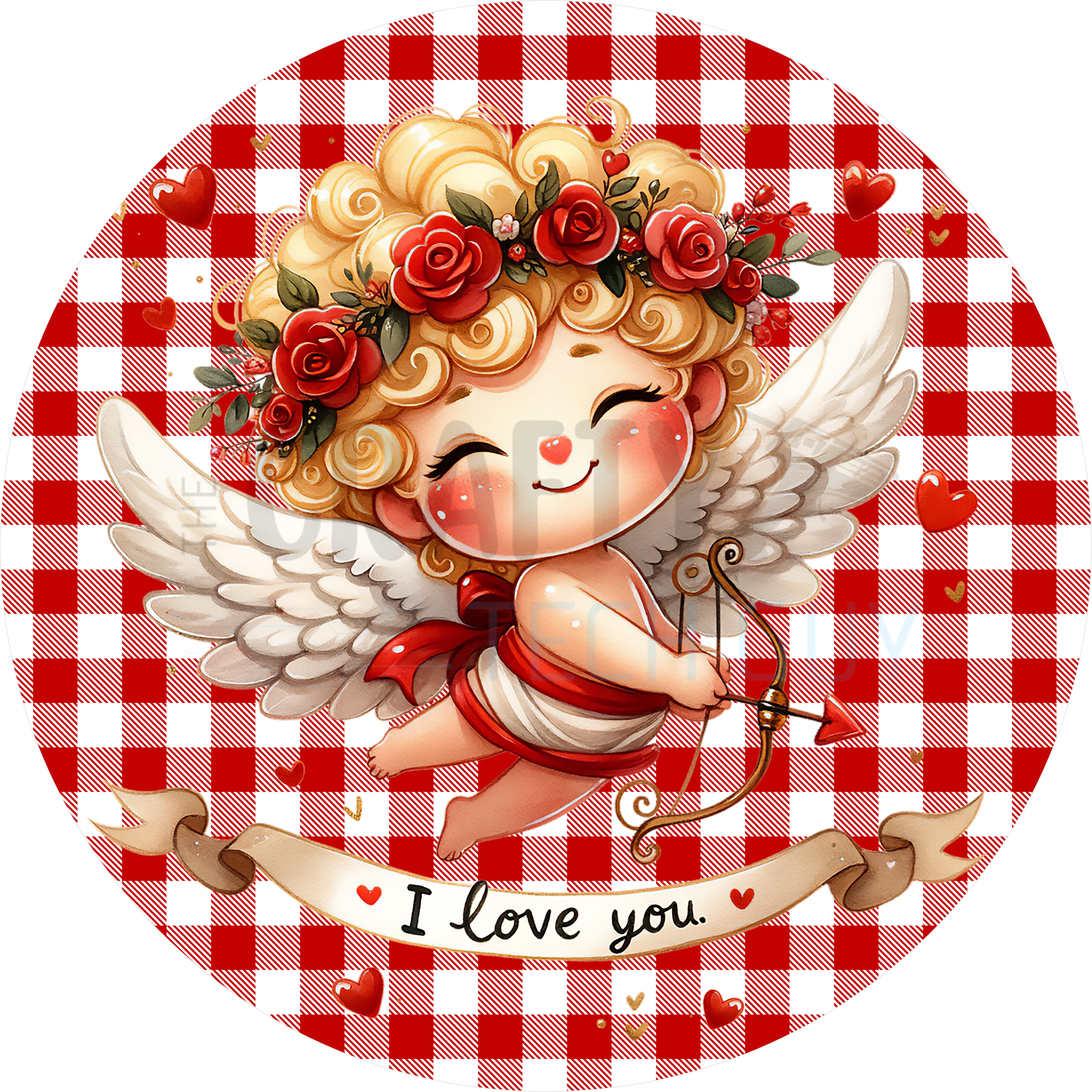 Valentine Cupid Design | Cute Cherub with Roses and Bow on Red Gingham Background for Romantic Love-Themed Home Décor