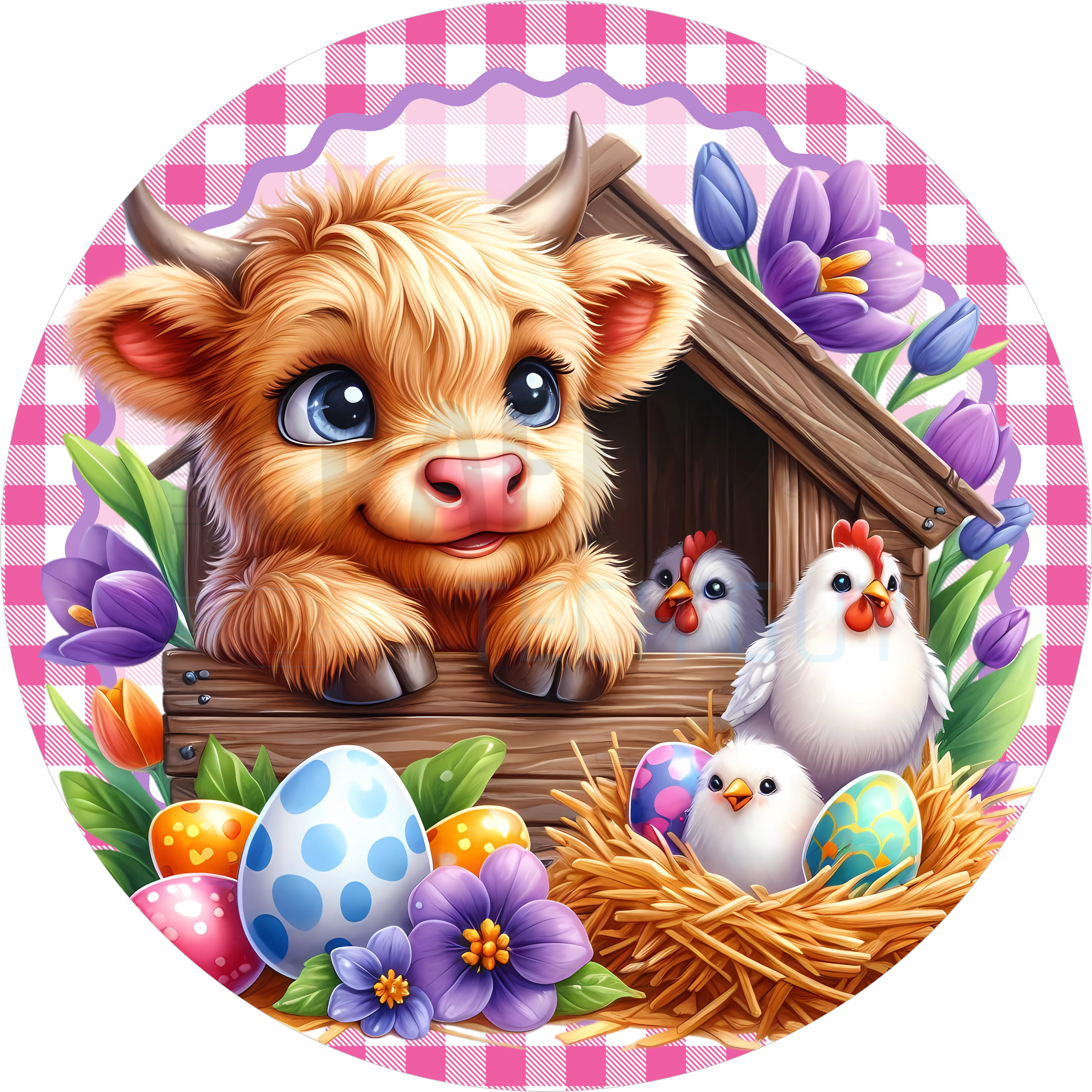 Cute Easter Highland Cow Farm Wreath Sign